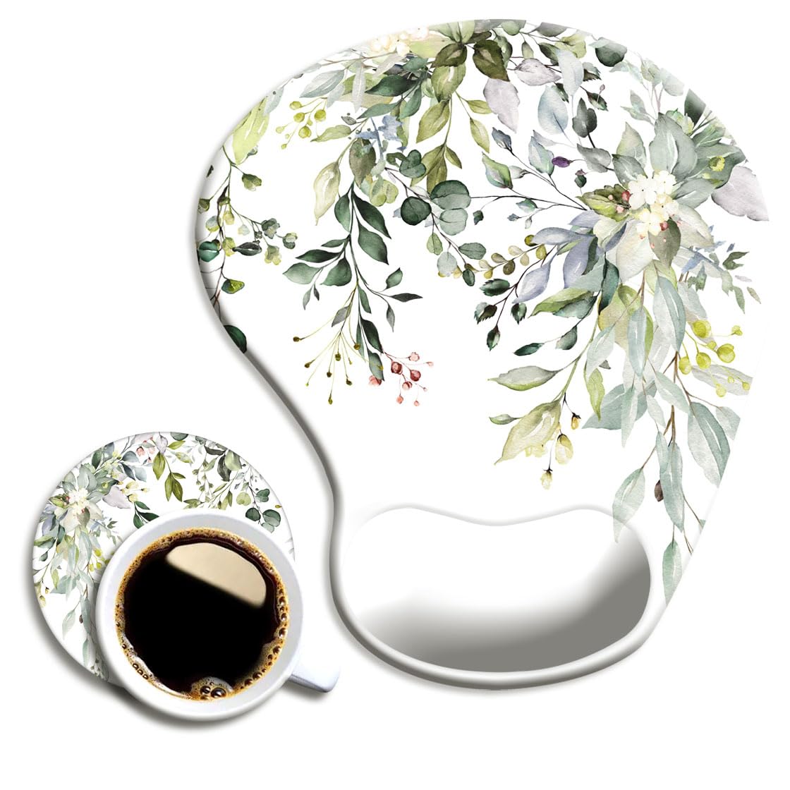 Ergonomic Mouse Pad with Wrist Support and Coaster,Mouse Pads with Non-Slip PU Base for Home Office Working Studying Easy Typing & Pain Relief Watercolor Leaves