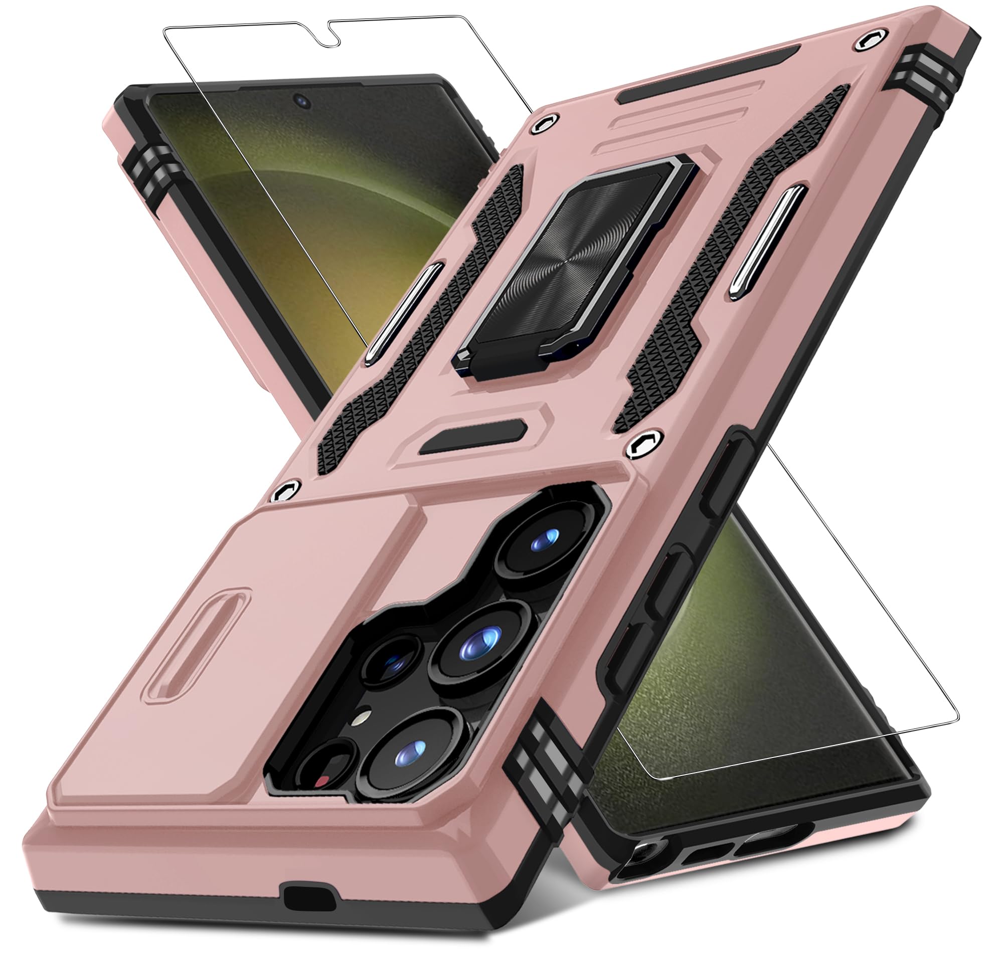 DEERLAMN Case for Samsung Galaxy S24 Ultra with Slide Camera Cover+Screen Protector (1 Pack), Rotated Ring Kickstand Military Grade Shockproof Protective Cover-Rose Gold