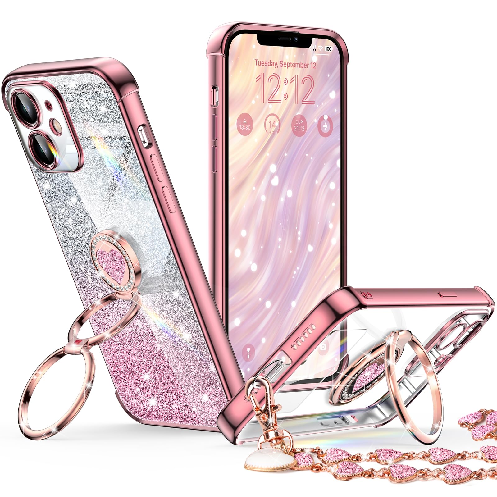 XYZ for iPhone 12 Mini Case with Stand, Phone Case with Double Ring Kickstand, Women Girls Bling Luxury Glitter Clear Phone Case Cover Heart for iPhone 12 Mini, Rose Gold