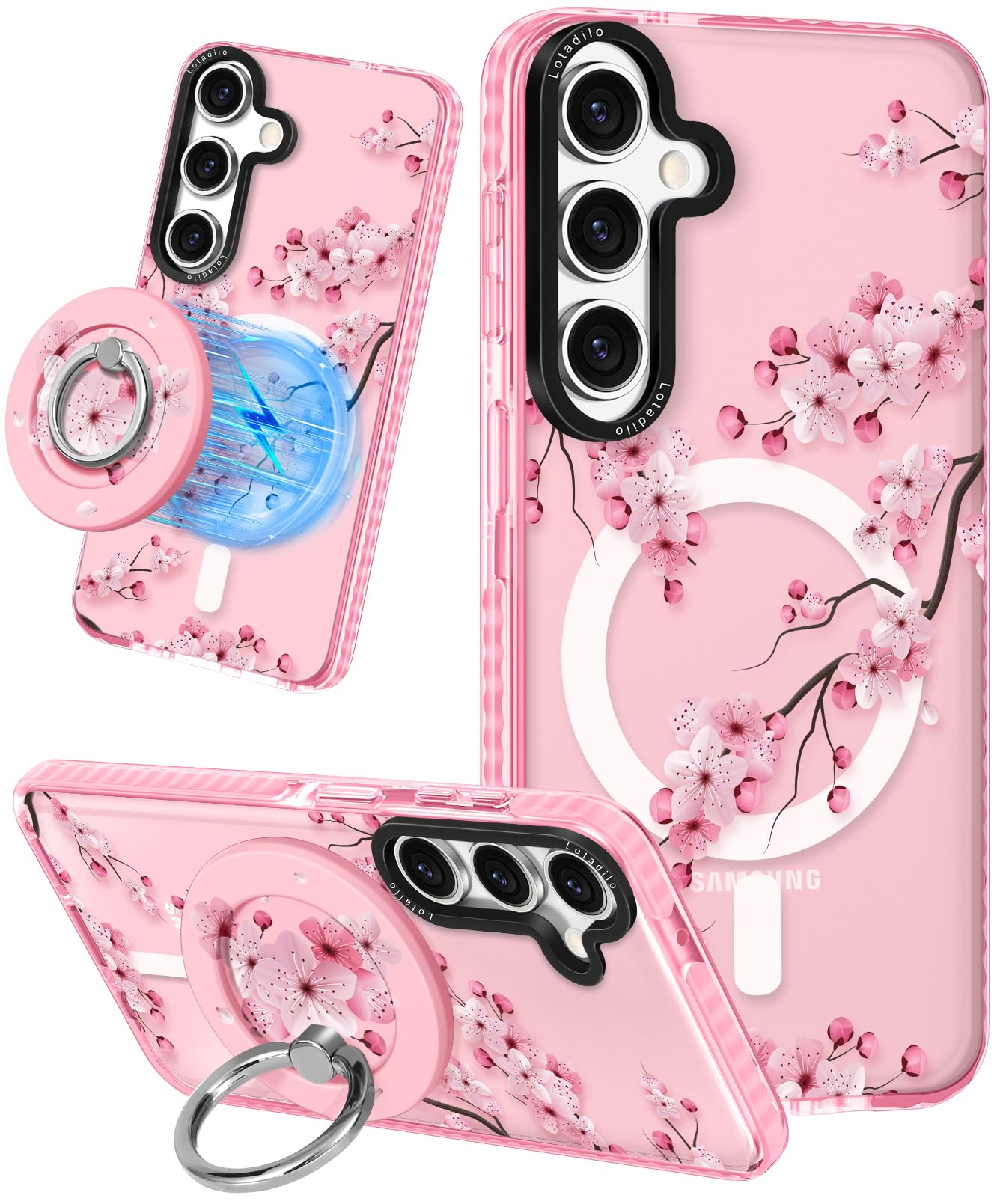 Lotadilo for Samsung Galaxy A35 5G Case for Women - Girls Cute Design Compatible with Magsafe Magnetic Ring Holder Stand Peach Blossom Unique Pattern TPU Phone Covers for Samsung A35 5G Case
