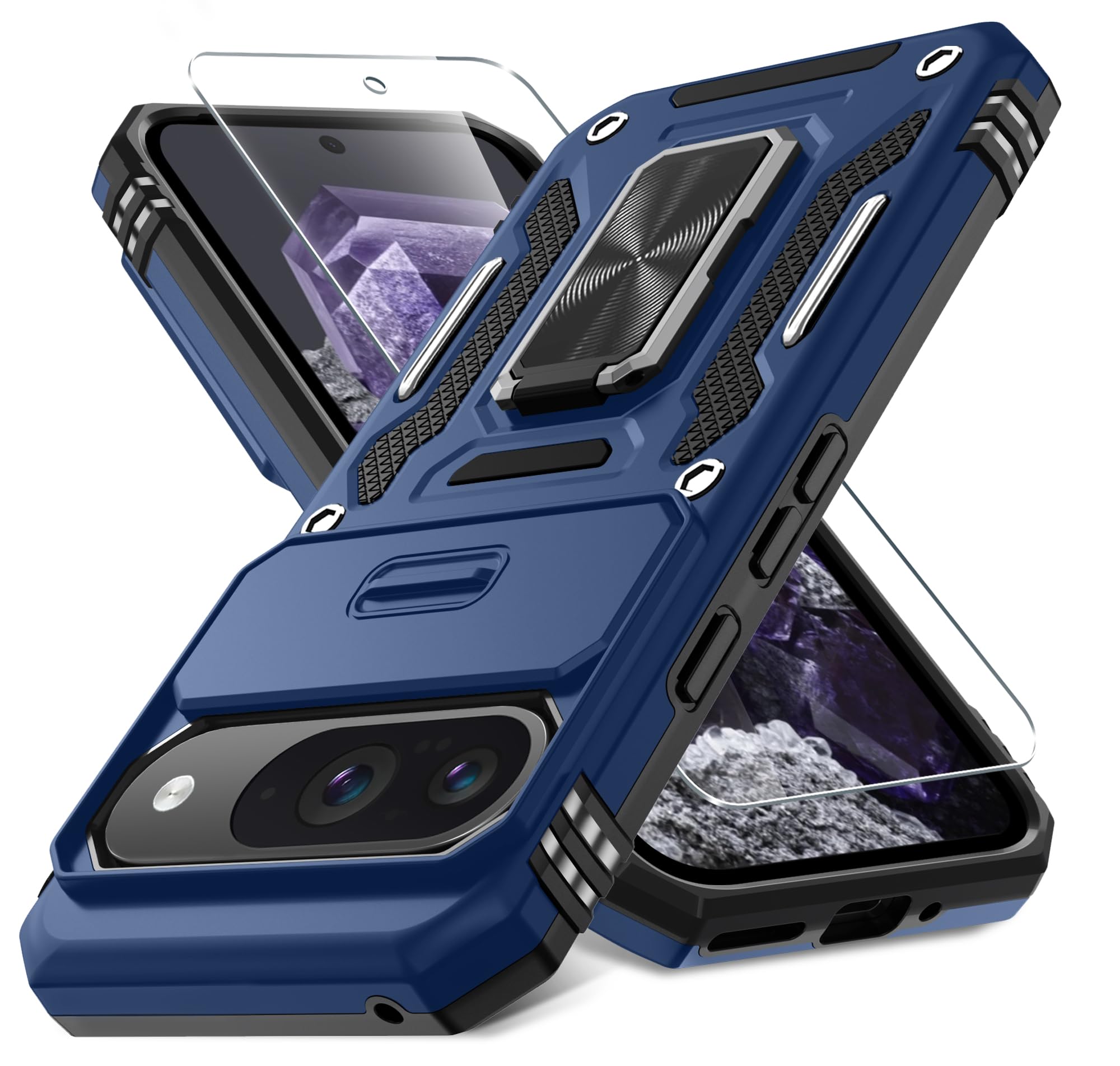 DEERLAMN for Pixel 9 Case, Google Pixel 9 Pro Case with Slide Camera Cover+Screen Protector(1 Pack), Rotated Ring Kickstand Military Grade Shockproof Protective Cover- Navy Blue