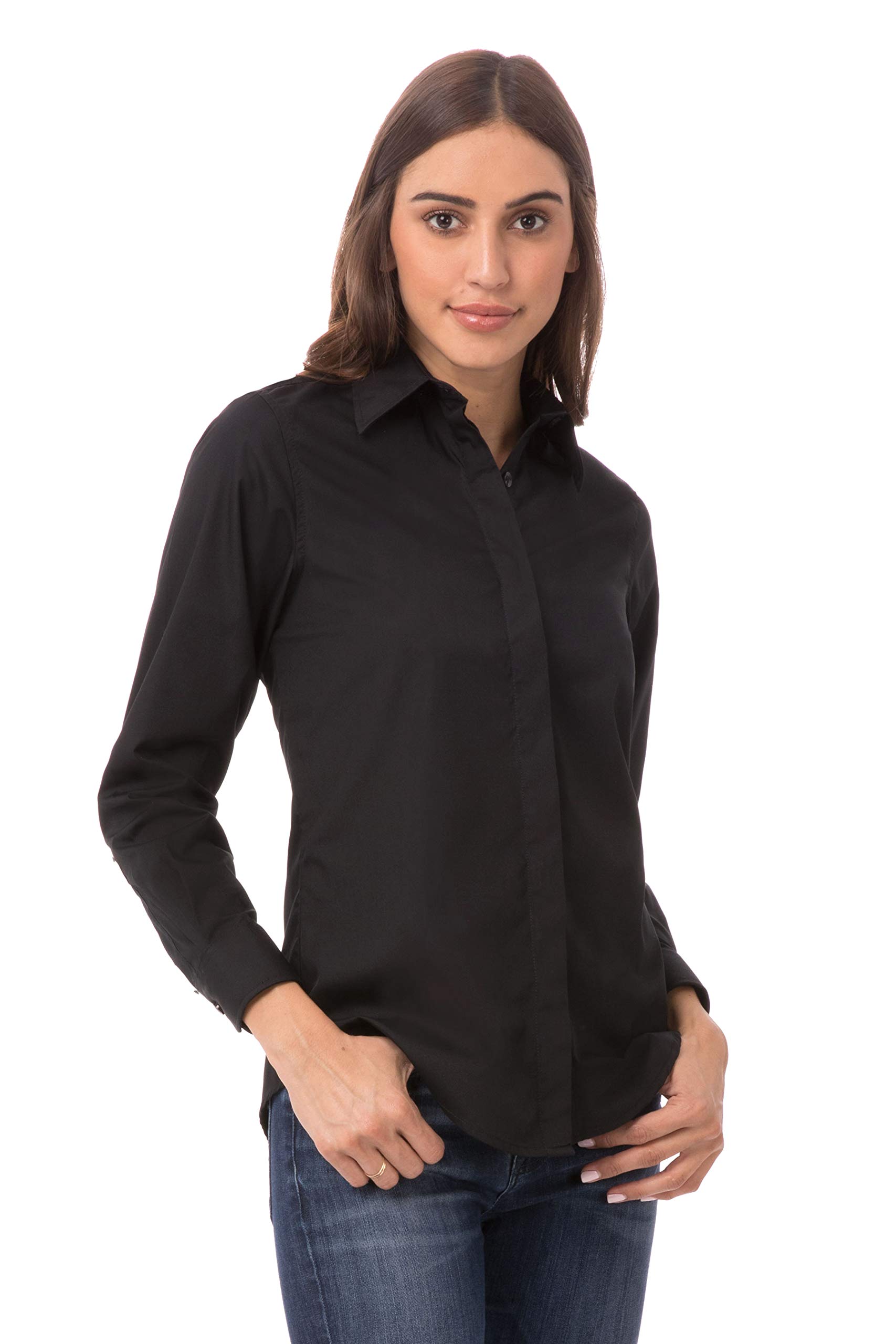 Chef Works womensBasic Dress Shirt Long Sleeve Button Down Shirt - Black - X-Small