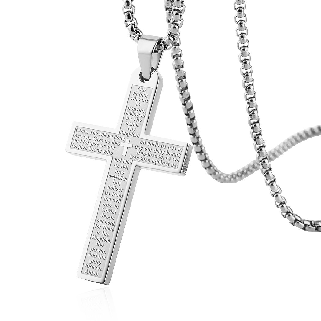 HZMAN Stainless Steel Cross Necklace for Men Women Inspiring Lord's Prayer Cross Pendant Jewelry Gift (Silver)