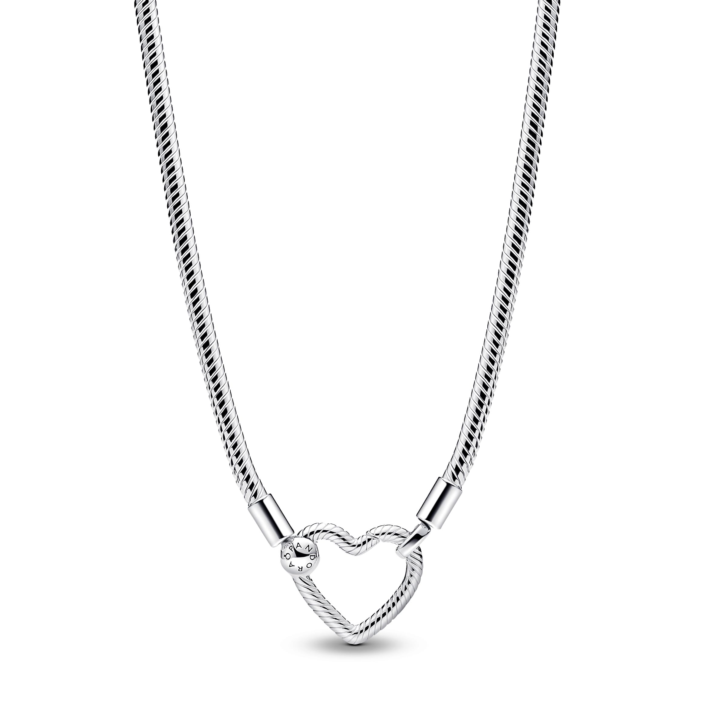 Pandora Moments Heart Clasp Snake Link Necklace in Sterling Silver,Compatible with Pandora Moments Charms,Size 45 cm , 393377C00-45, Sterling Silver
