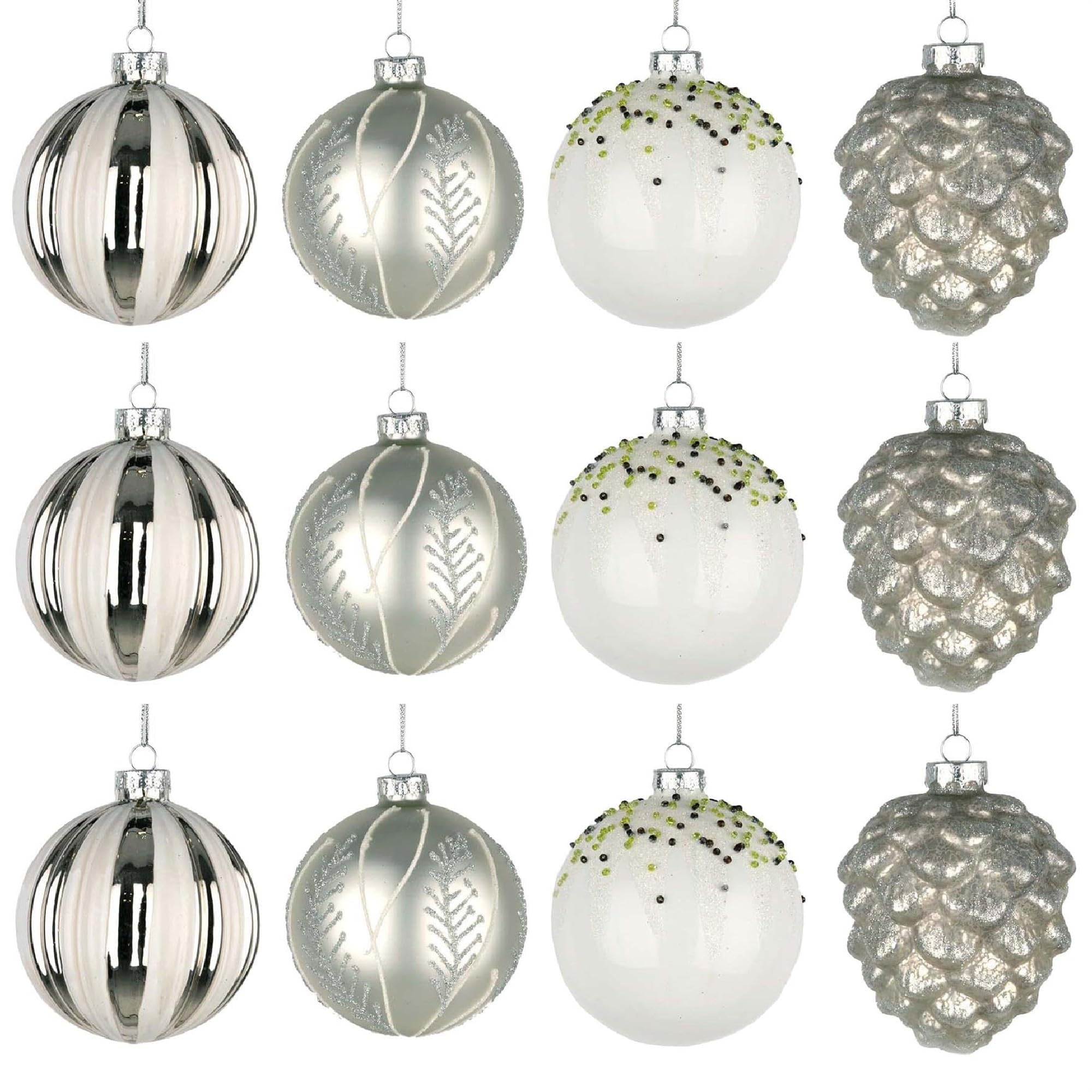 12Pcs/80mm Glass Baubles Christmas Tree Balls Spheres Hanging Ornaments Set Assorted Designs Xmas Tree Decorations, Silver,white