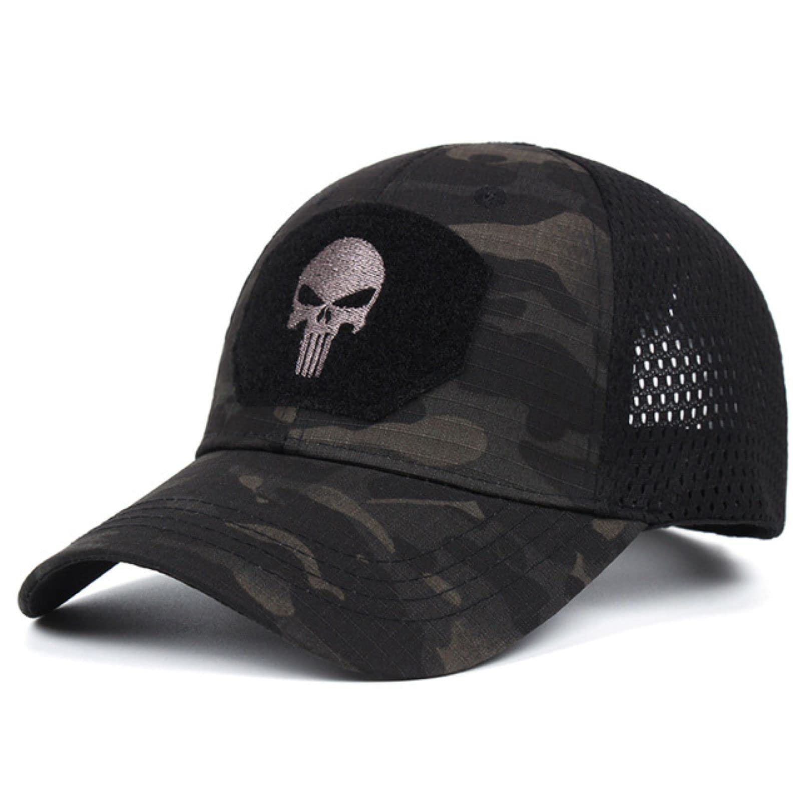 HANERREAL Skull Mesh Baseball Cap Men Tactical Operator Caps Fitted Outdoor Breath Hats, Black Camouflage, One Size