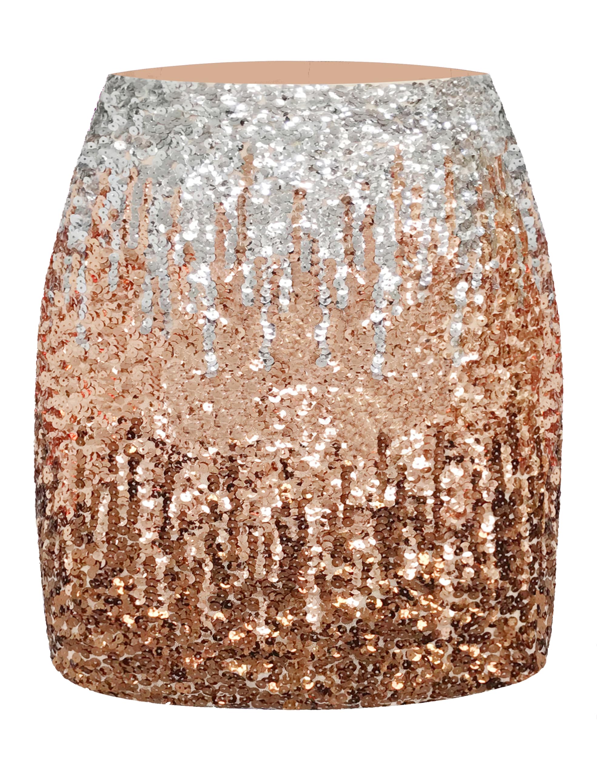 Maner Women's Sequin Skirt Sparkle Stretchy Bodycon Mini Skirts Night Out Party, Silver/Rose Gold/Coffee, L
