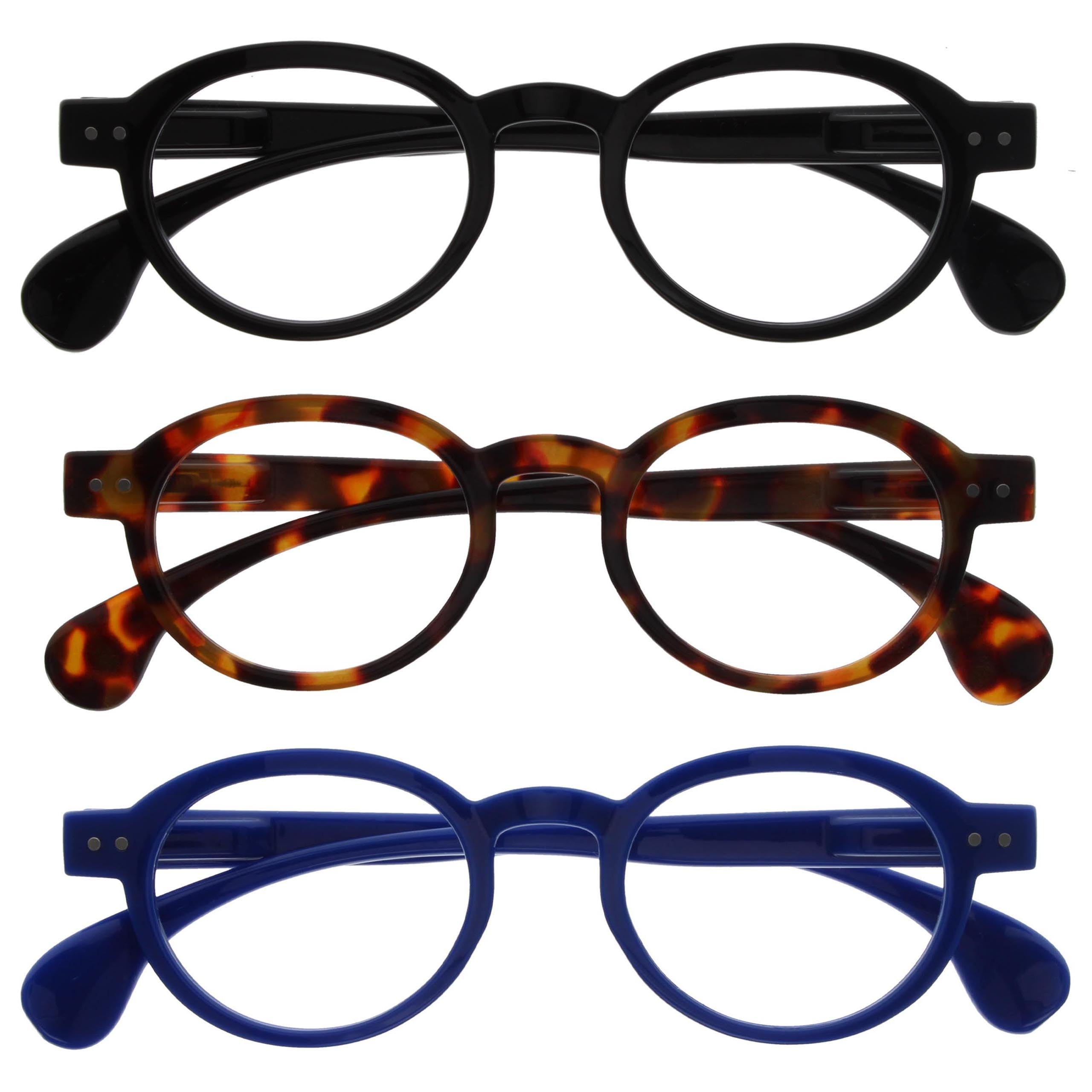 OPULIZE OCA Reading Glasses - 3-Pack - Modern Retro Round Frame - Black Brown Blue - Mens Womens - Spring Hinges - RRR54-123 - +1.00