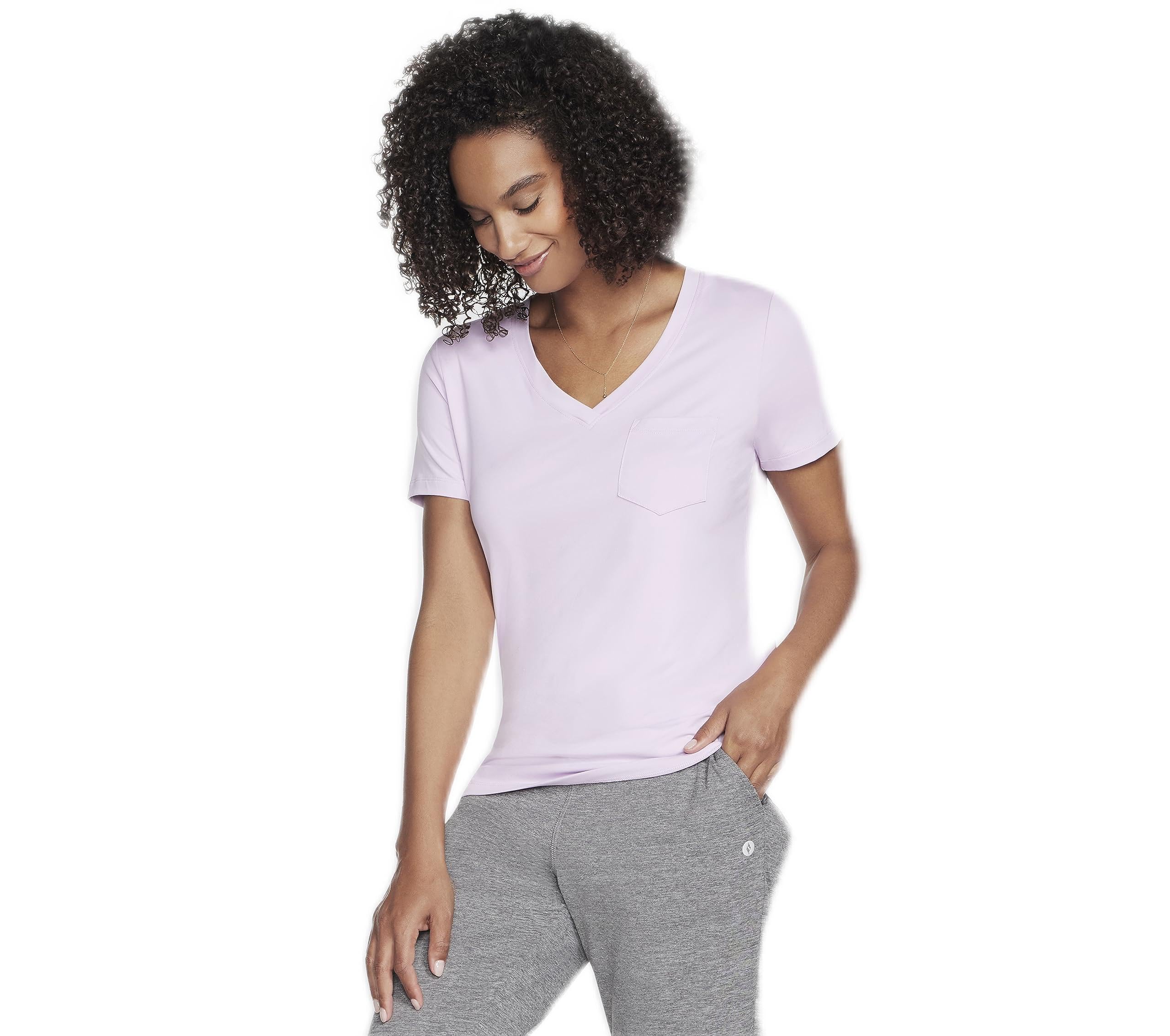 Skechers Women's GODRI Serene V-Neck Tee T-Shirt, Orchid Bloom, XL