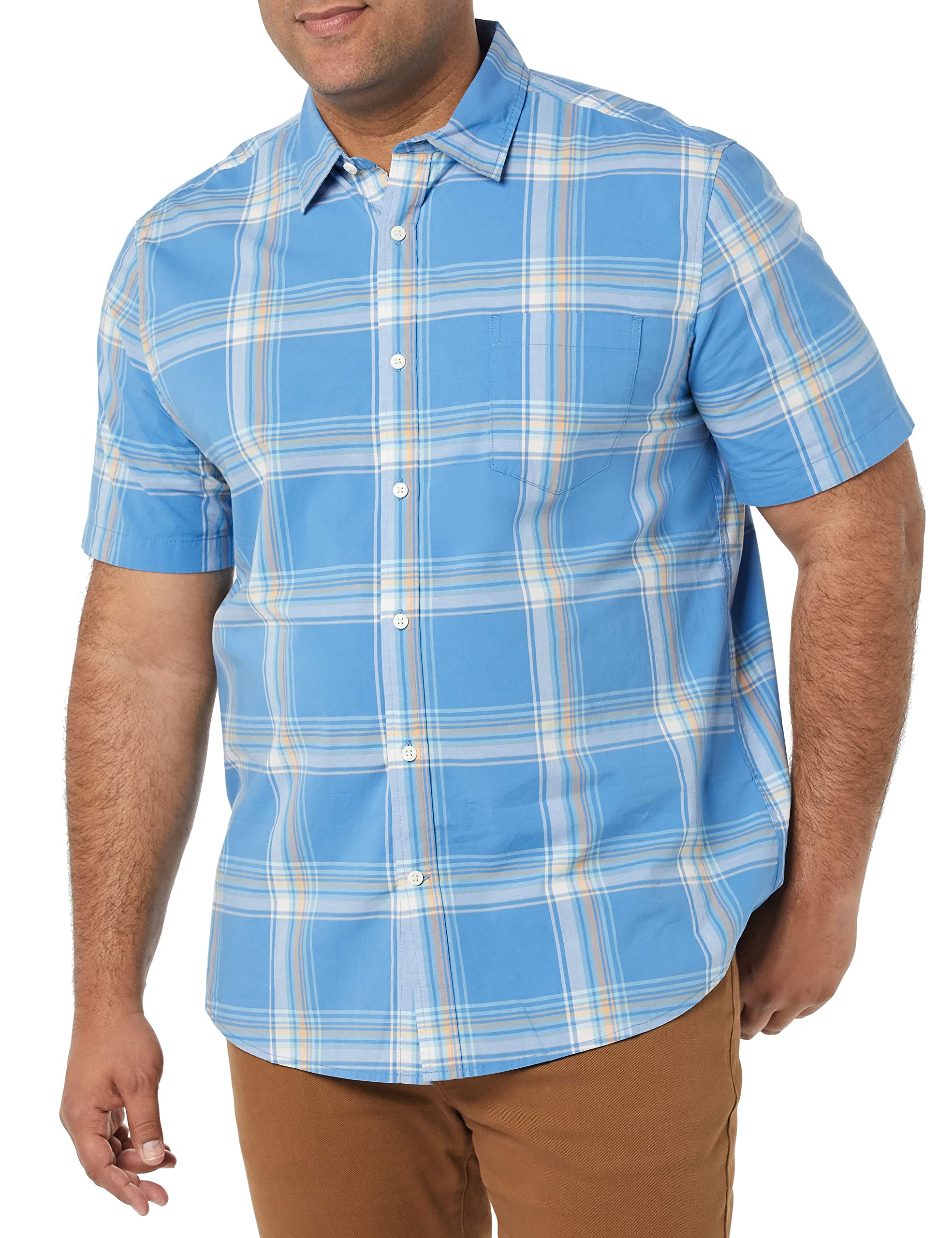 Amazon Essentials Men's Short-Sleeve Stretch Poplin Shirt (Available in Big & Tall), Blue Peach Plaid, XS