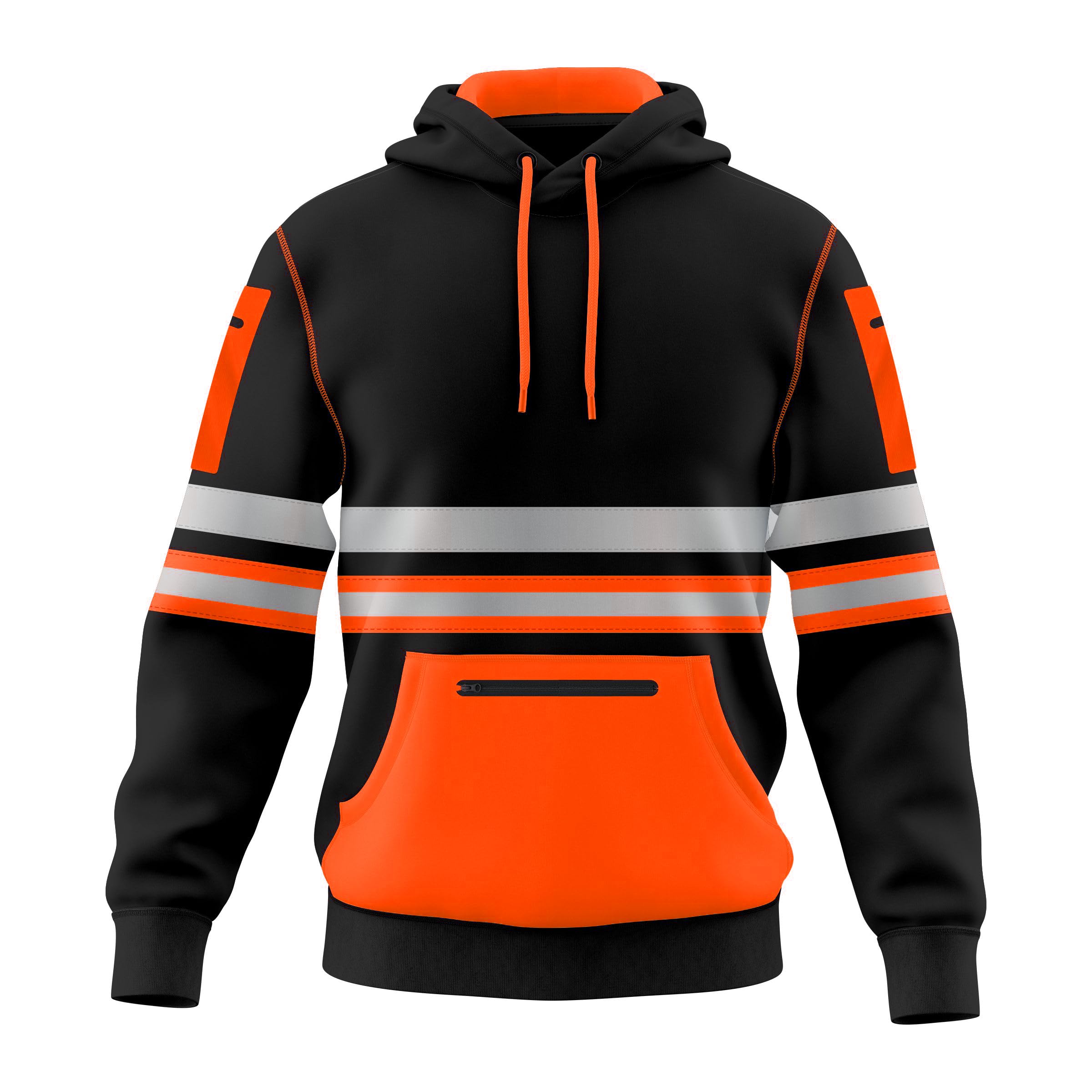 Mens Hi Vis Work Wear Pullover Hoodie Safety Reflective Tape High Viz Sweatshirt Hoodie High Visibility Top Multi Zipper Pockets S-2XL