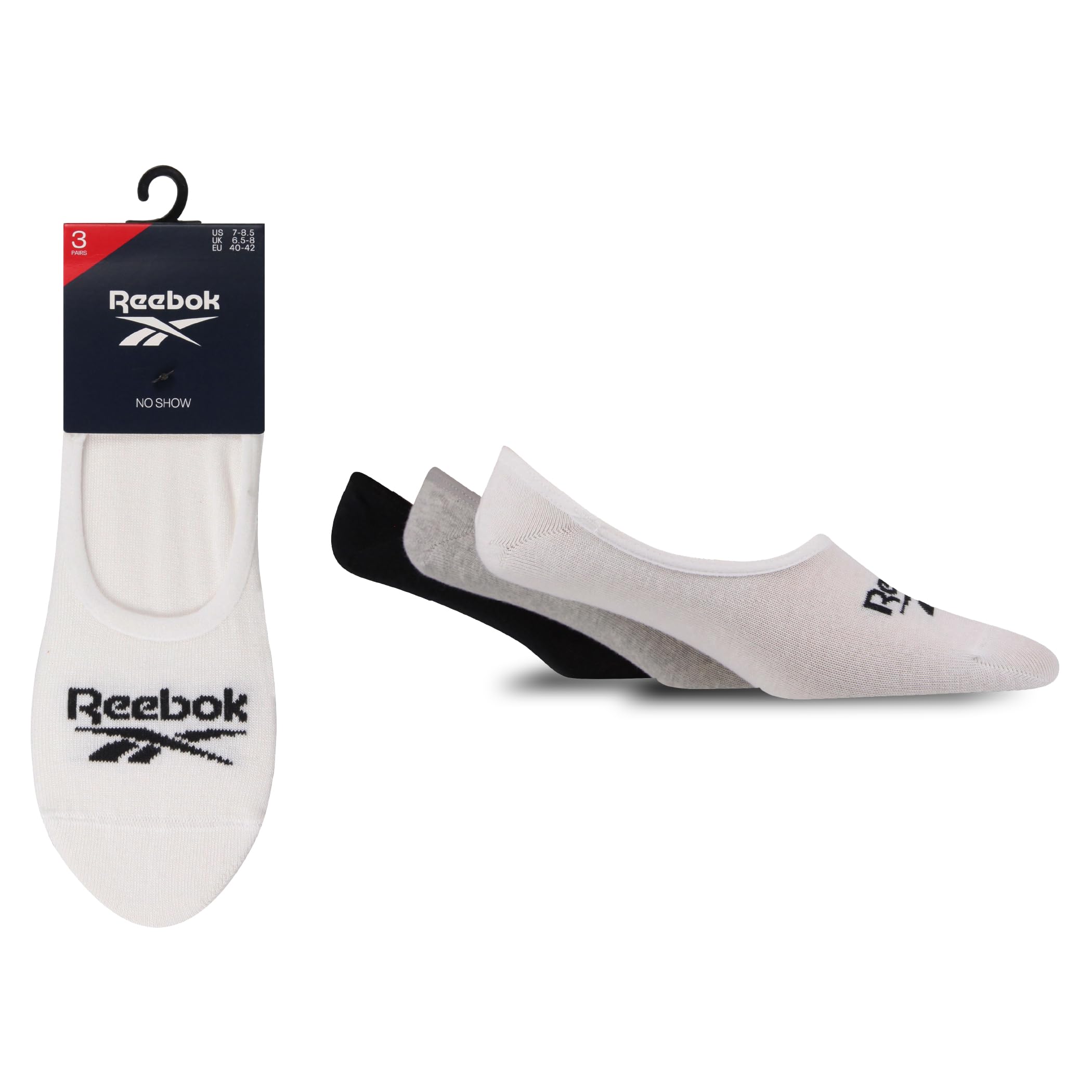 Reebok Unisex 'Essentials' Shoeliner Socks - Mens & Ladies, Soft Cotton, Low Cut Invisible Ped Socks, Seamless Toe & Non Slip Heel 3 Pairs Size Range of UK 2.5-10 White/Grey/Black 4.5-6