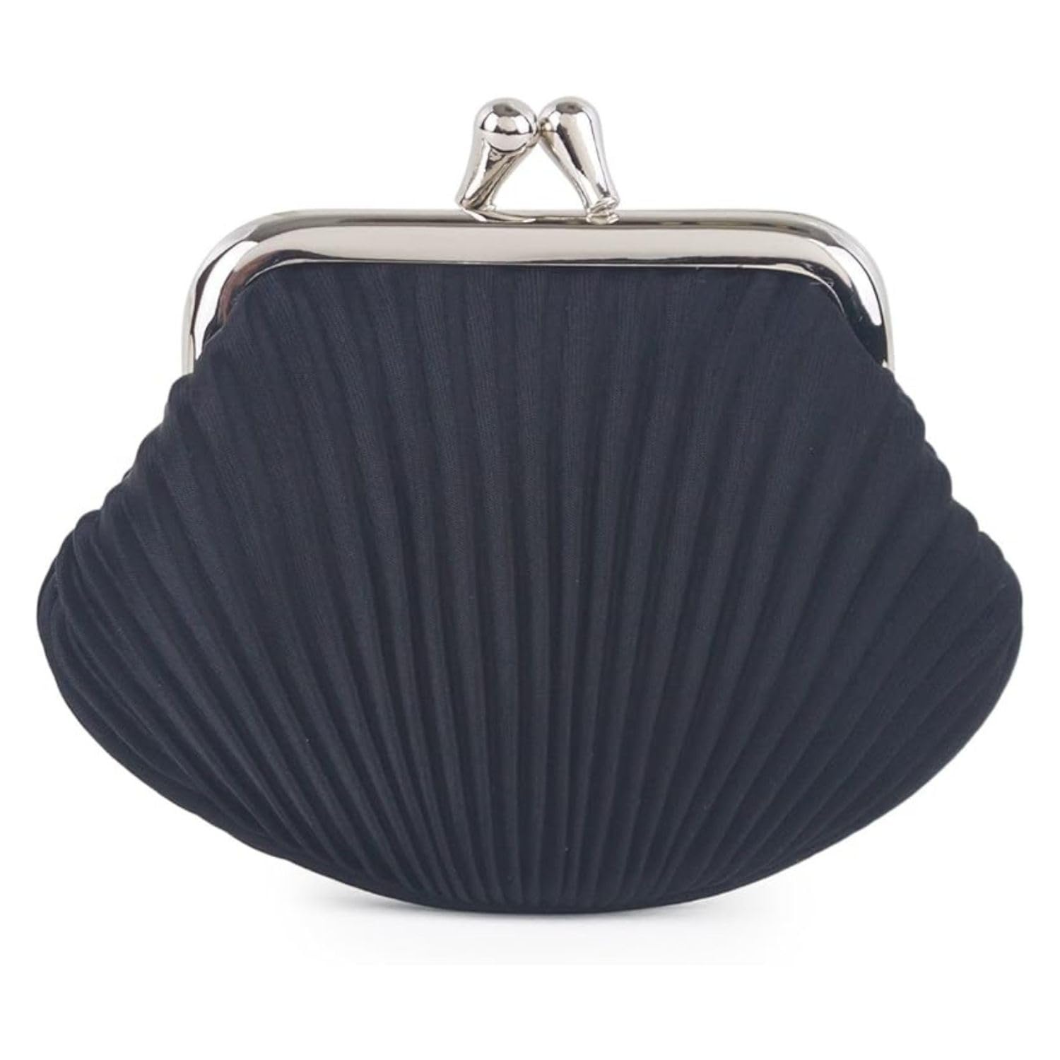 Satin Kiss Lock Clutch Purse, 11.5 x 2 x 7.5 cm Elegant Clam Design with Silver Detailing - Black