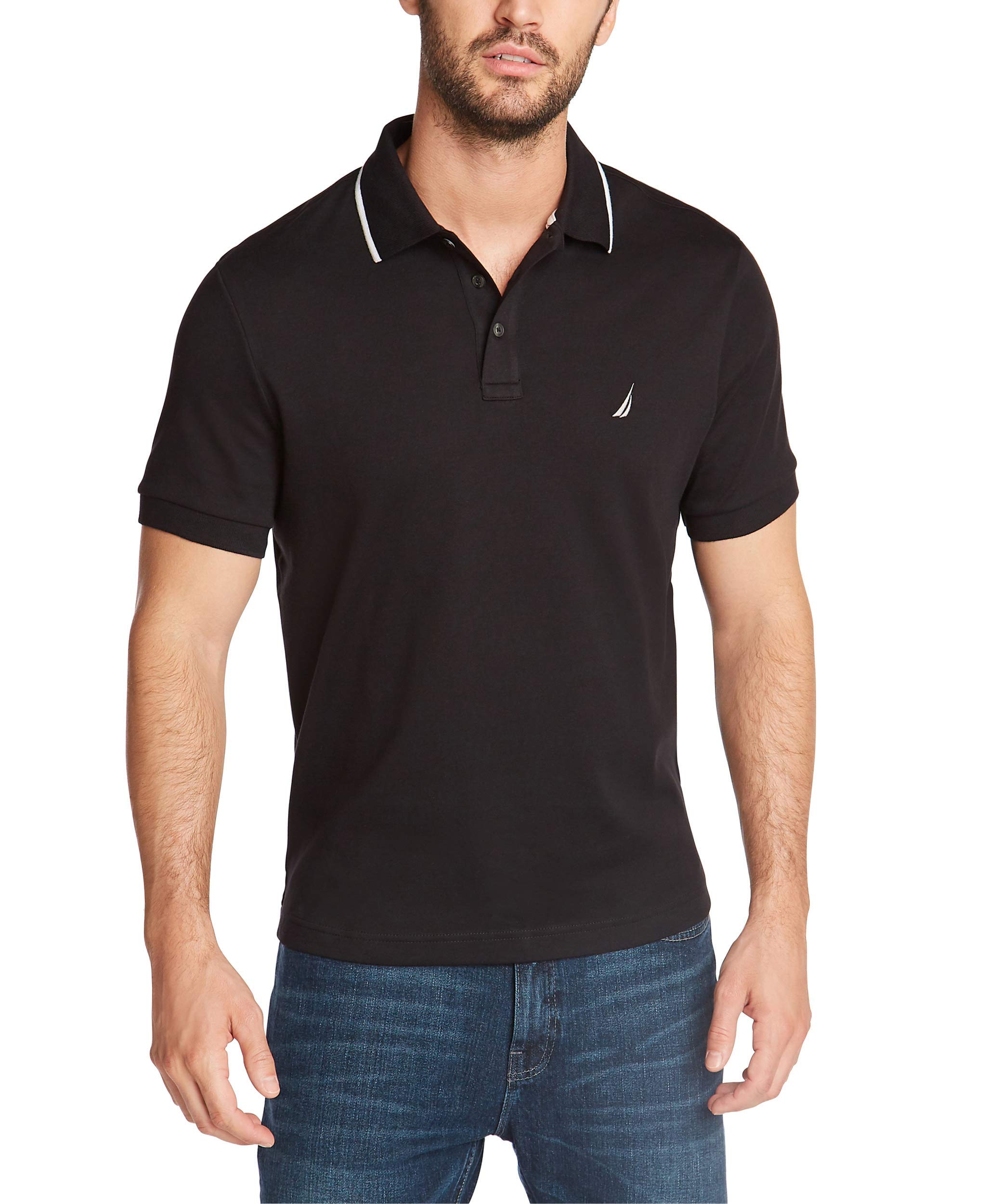 Nautica Men's Classic Fit Short Sleeve Dual Tipped Collar Polo Shirt, True Black, XXL