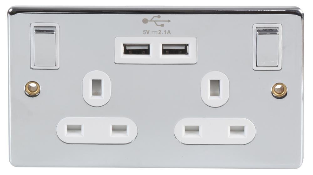 Pro elec PL15149 13A Wall Socket with Dual USB Charging Polished Chrome