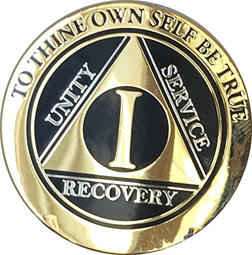 1 Year Elegant Black Gold Silver Bi-Plated AA Medallion Serenity Prayer Chip