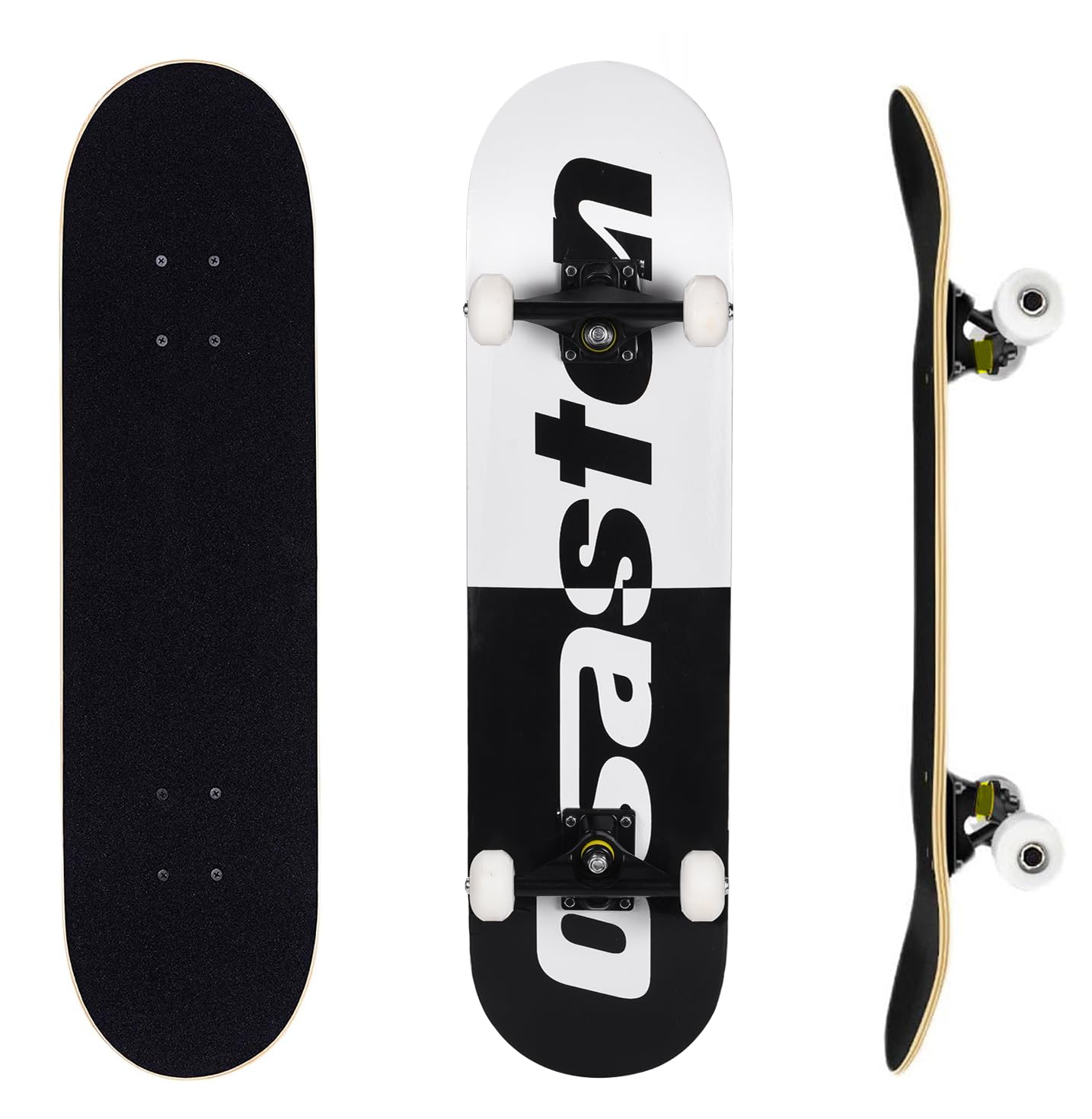 ERNAN Complete Skateboard for Beginners,31 x 8 Inch Double Kick Skateboard for Kids Teenagers & Adults. with Skate T-Tool. (black and half white)