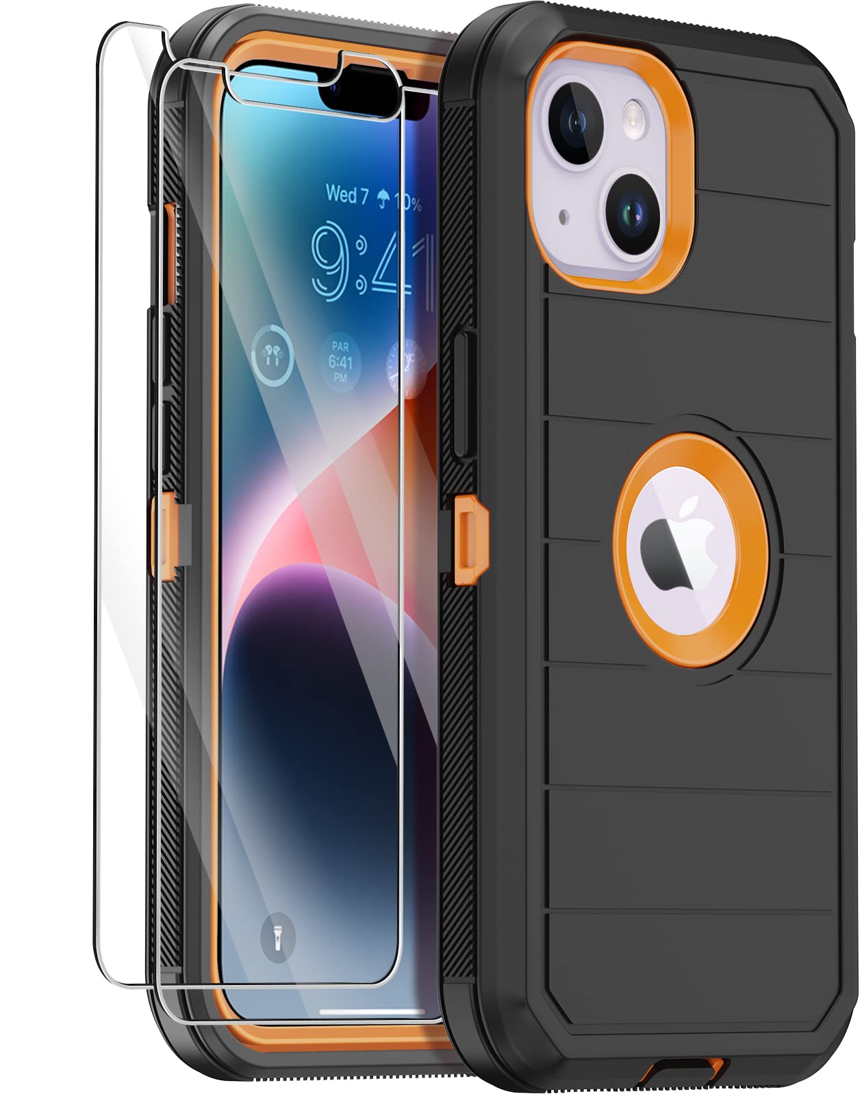 Annymall for iPhone 14 Case with 2 Screen Protector,Full Body Shockproof Drop Protection Dust Proof Heavy Duty 3-Layer Rugged Durable Military Grade Cover for Apple iPhone 14 6.1" (Black/Oranger)