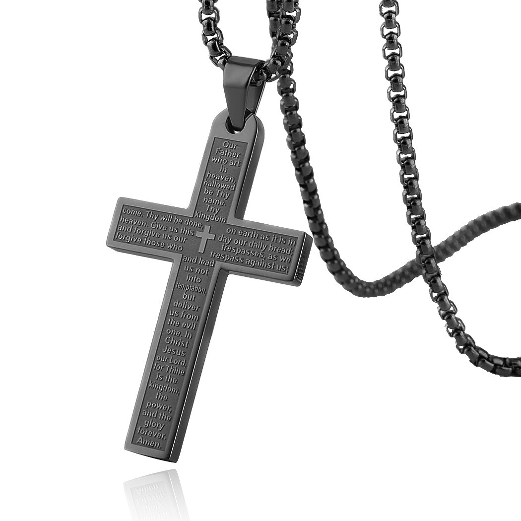 HZMAN Stainless Steel Cross Necklace for Men Women Inspiring Lord's Prayer Cross Pendant Jewelry Gift (Black)