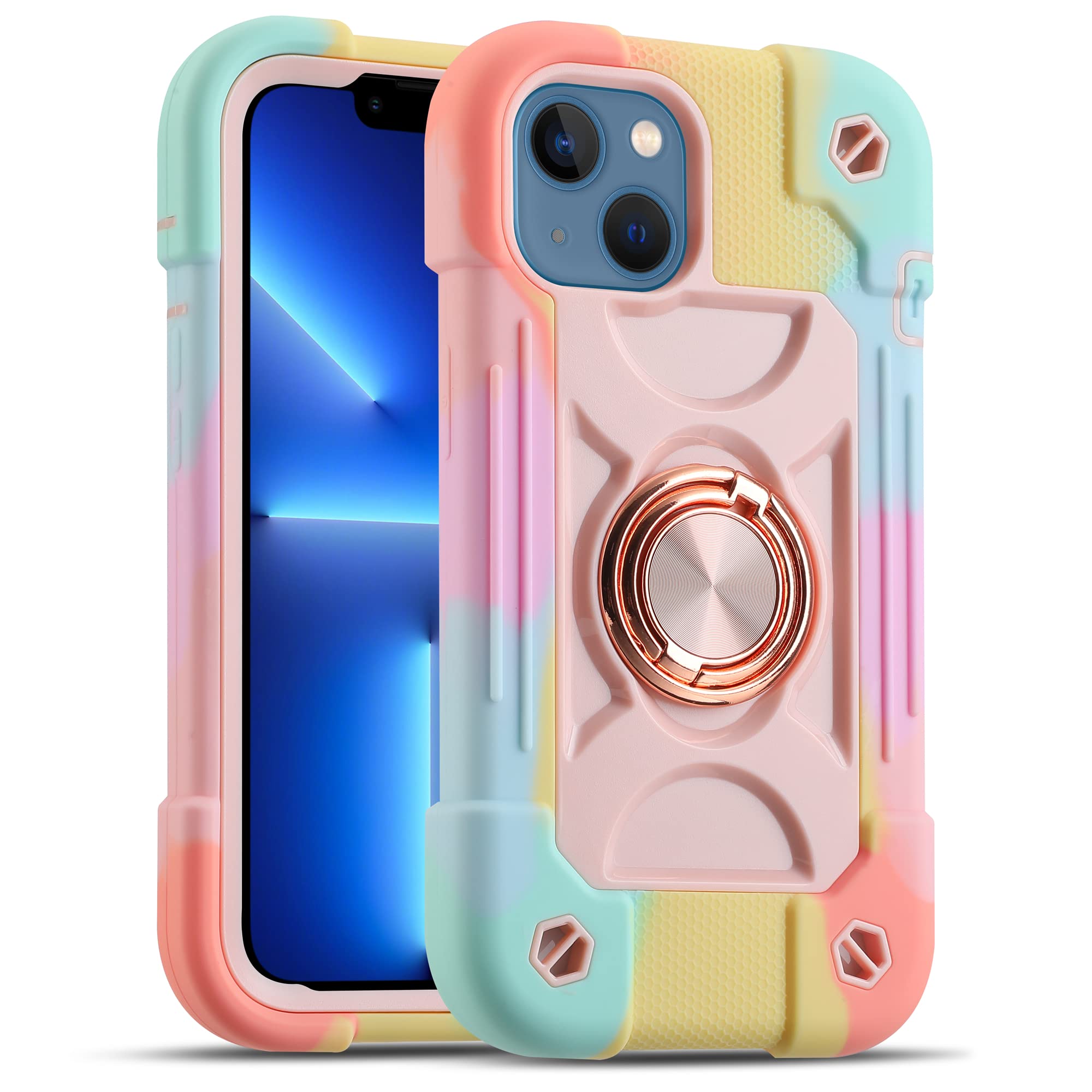 MARKILL Compatible with iPhone 13 Case 6.1 Inch with Built-in 360°Rotating Ring Stand, Military Grade Drop Protection Full Body Rugged Heavy Duty Protective Durable Cover for iPhone 13. (Rainbow Pink)