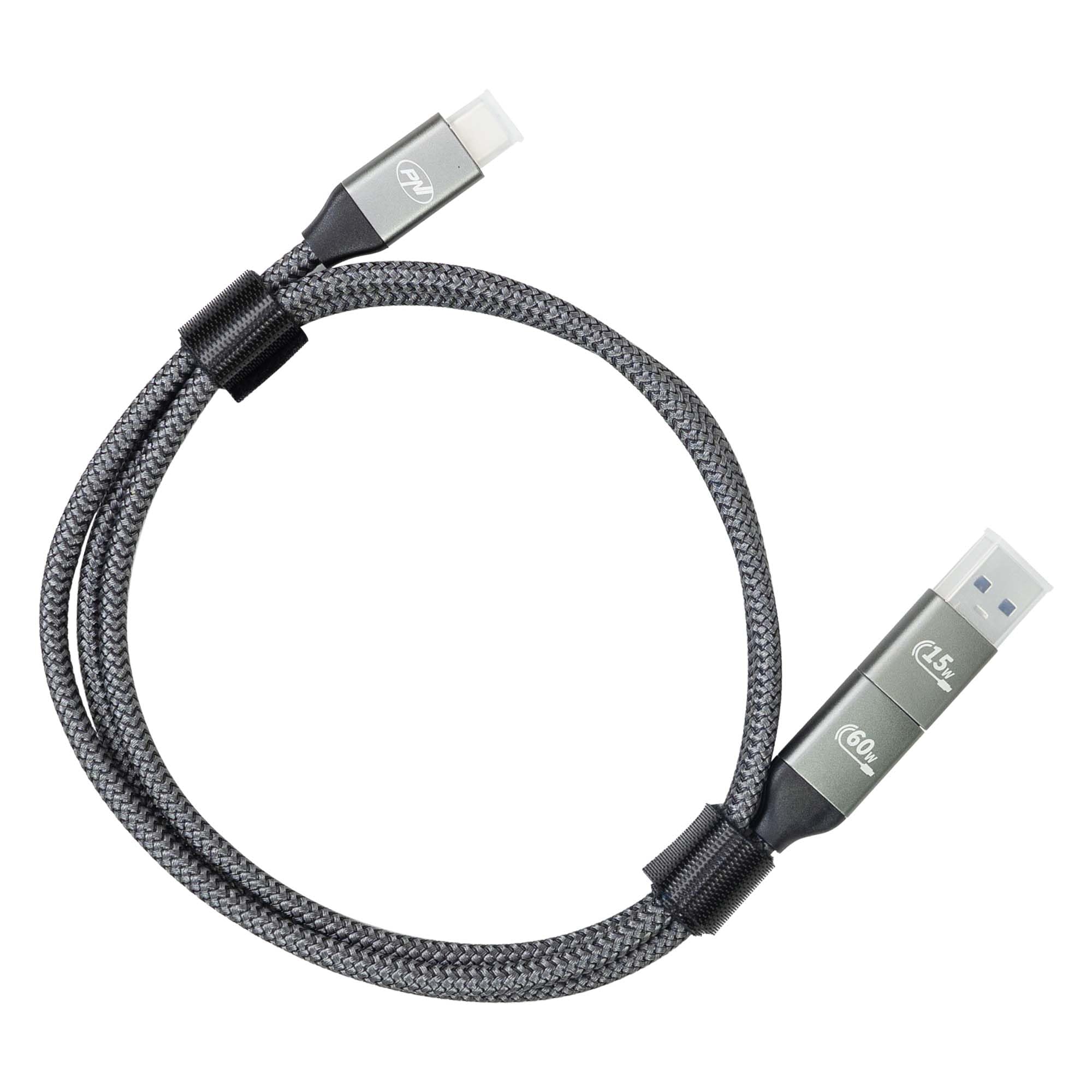 PNI CD600 USB Type-C to Type-C 60W data and charging cable + USB Type-C to USB-A adapter, length 1m