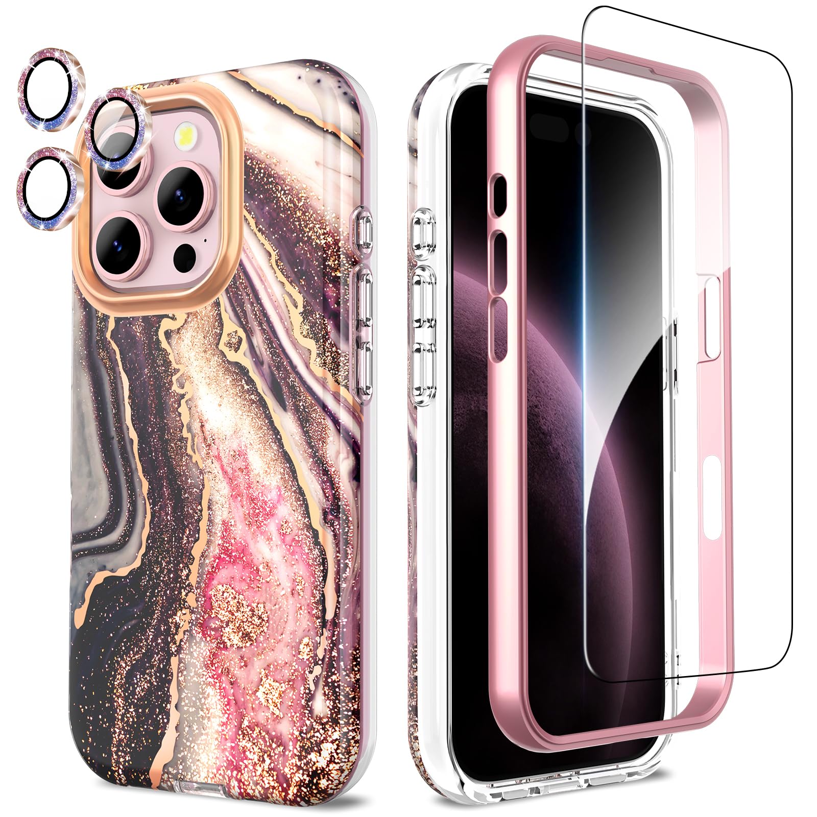 SHEDEER for iPhone 16 Pro Case with Glitter Camera Protector + Screen Protector, Chic Anti-Yellowing Pattern, Shockproof Drop Protection Anti-Scratch Phone Cover 16 Pro 6.3'', Distant Black