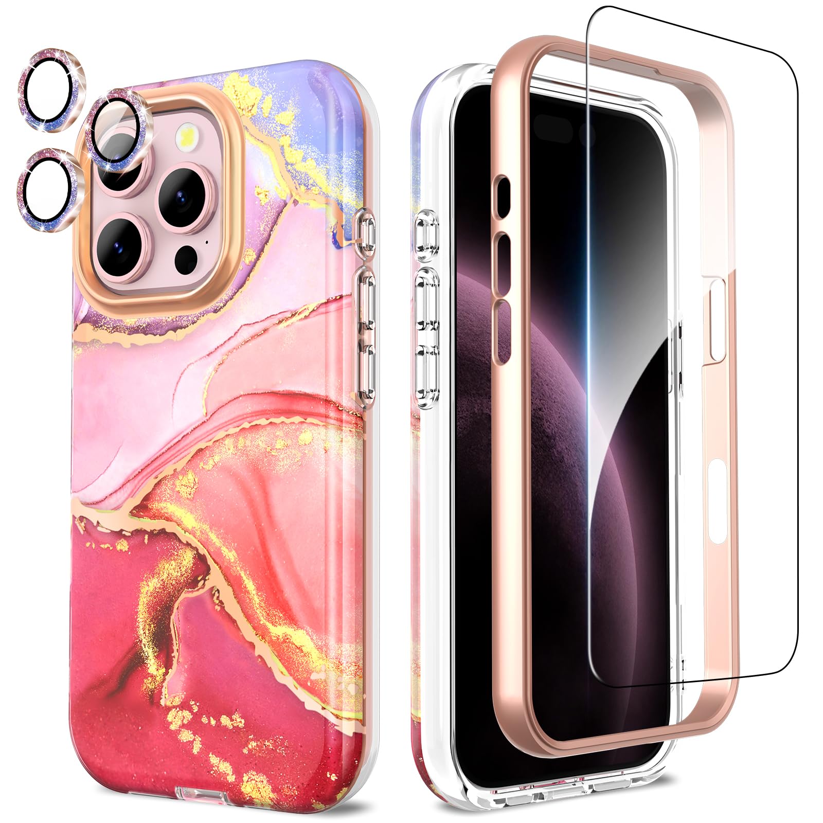 SHEDEER for iPhone 16 Pro Case with Glitter Camera Protector + Screen Protector, Chic Anti-Yellowing Pattern, Shockproof Drop Protection Anti-Scratch Phone Cover 16 Pro 6.3'', Glassy Pink