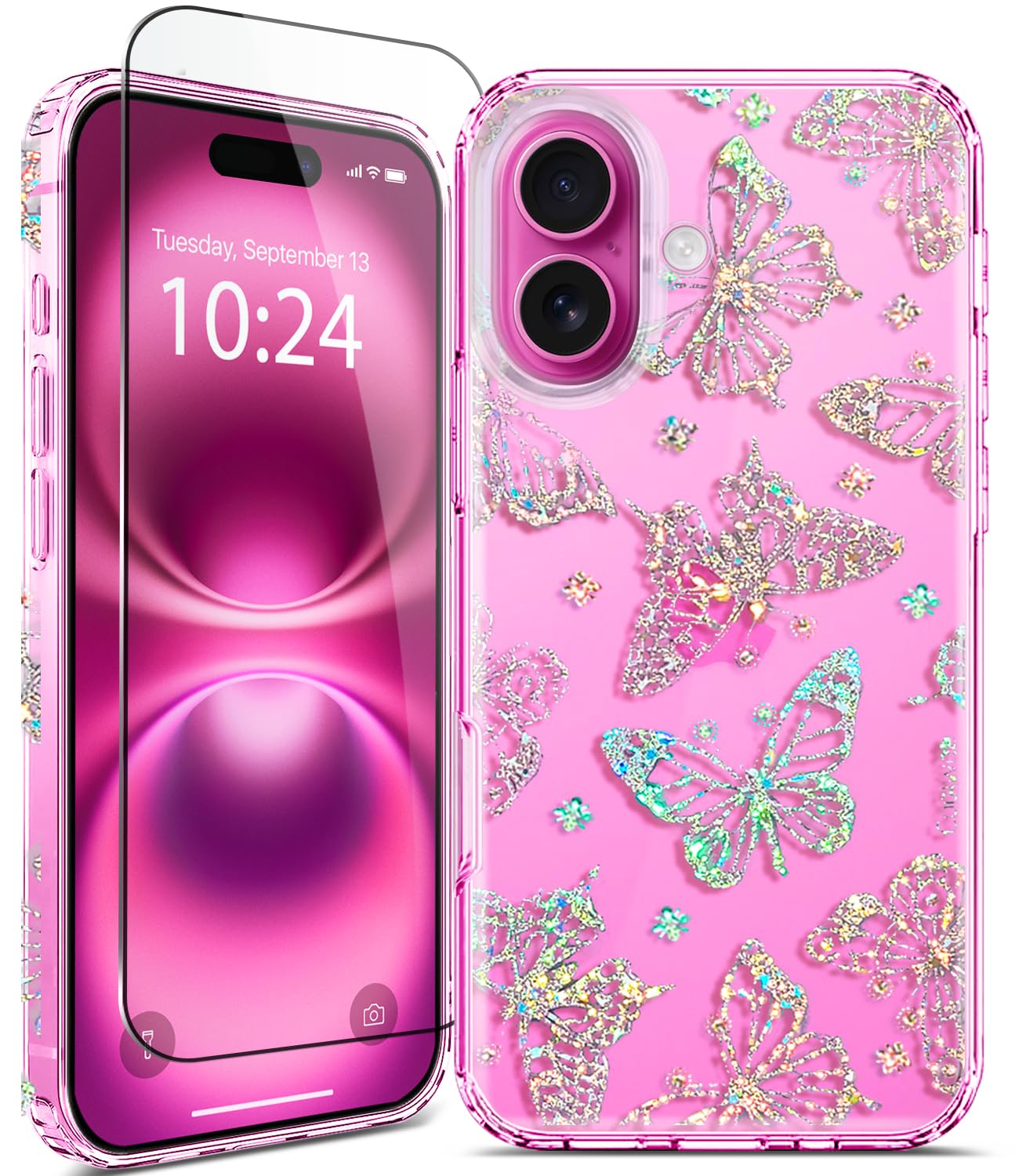 Coolwee for iPhone 16 Case, with Screen Protector, Cute for Women Girls, 10FT Military Grade Protective Cover for iPhone 16 Phone Case Sparkle Crystal Butterfly Bling, Clear Glitter