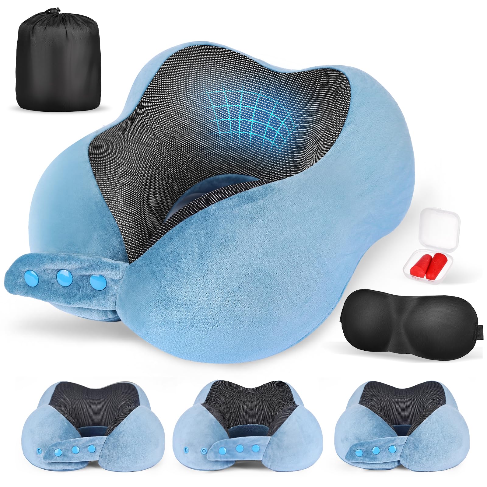 Lychico Reise-Nackenkissen für Flugzeug, Auto und Zug, ergonomische Memory-Schaum-Unterstützung zum Schlafen, atmungsaktiv und verstellbar, kompaktes, tragbares Reisekissen für Erwachsene und Kinder