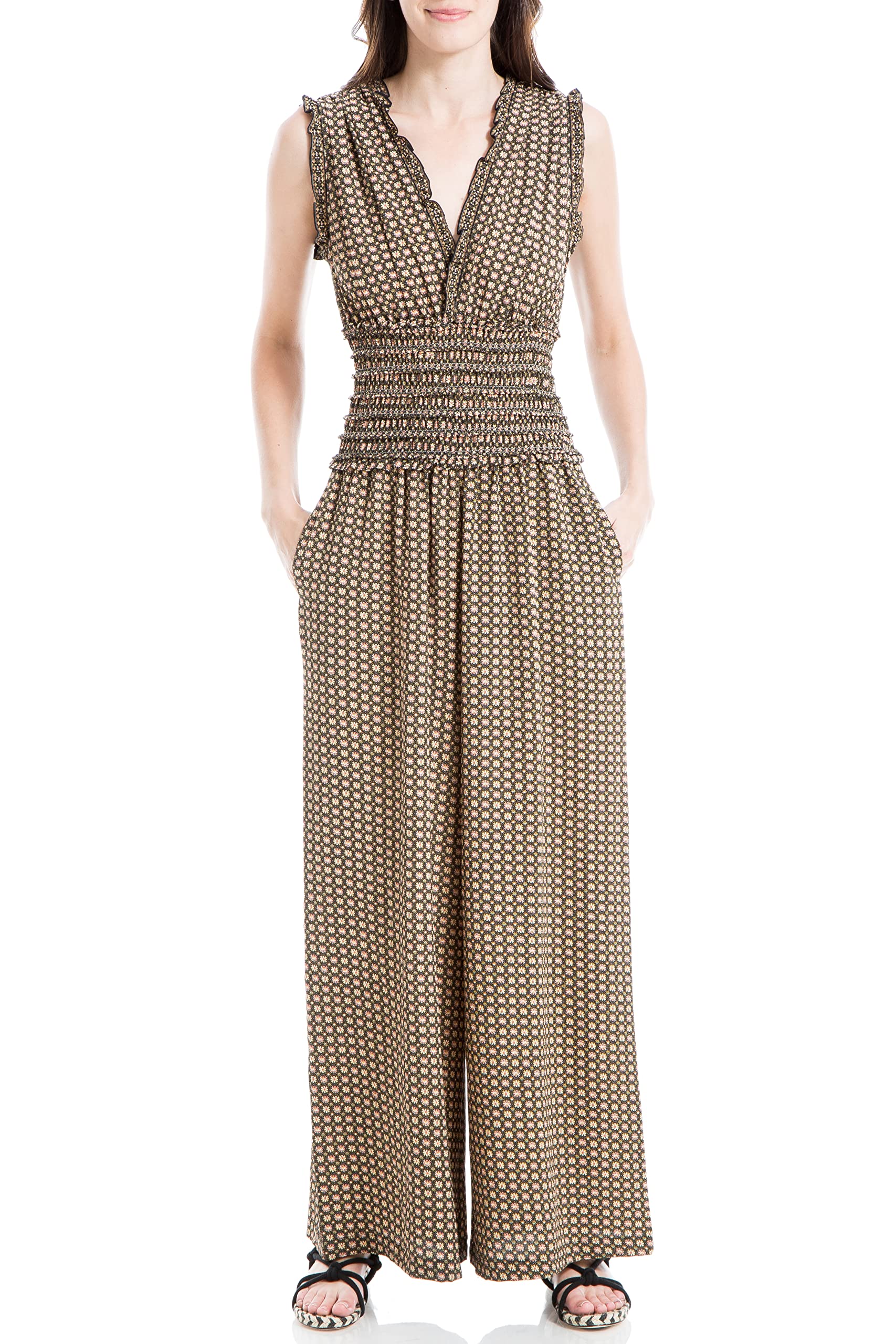 Max Studio Women's V-Neck Smocked Waist Jumpsuit, Black/Clay Daisy Cube, XS
