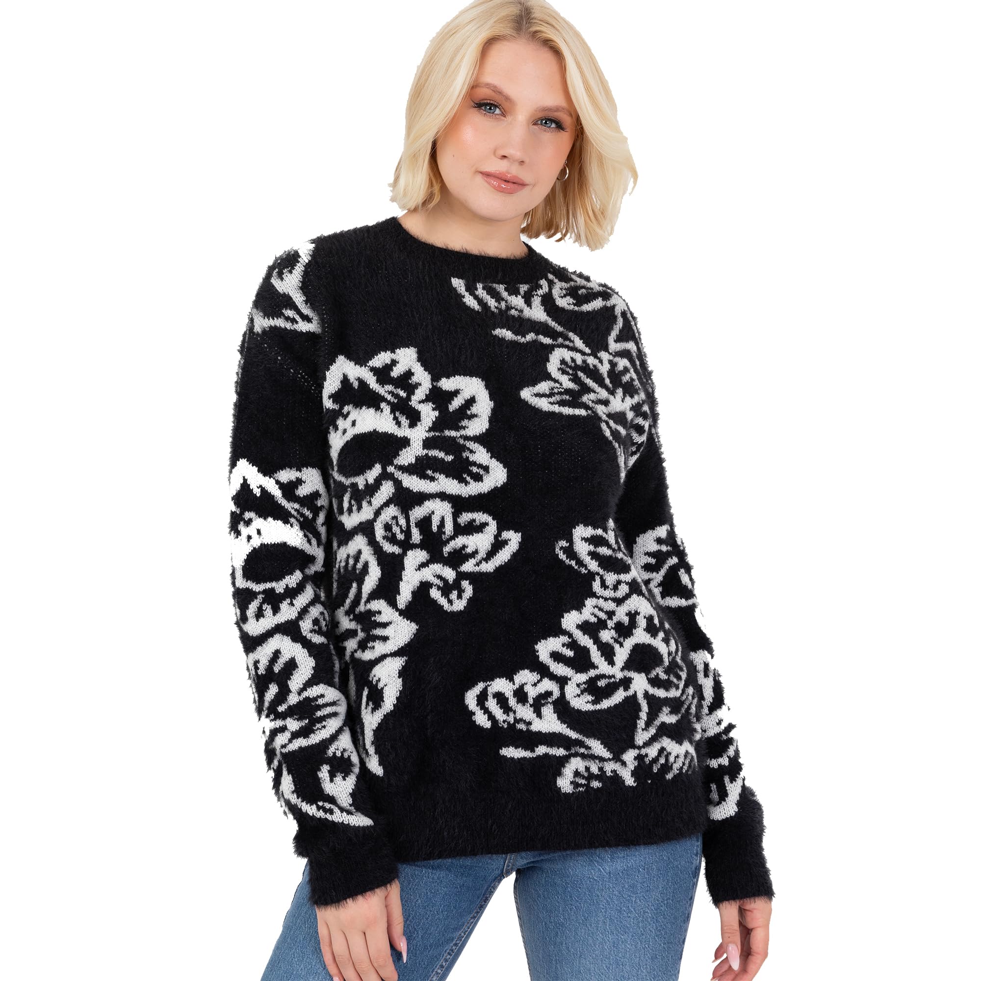 Lovedrobe Women's Jumper Ladies Sweater Round Crew Neck Long Sleeve Floral Jacquard Elasticated Stretchy Casual Pullover Knitwear, Black 24-26