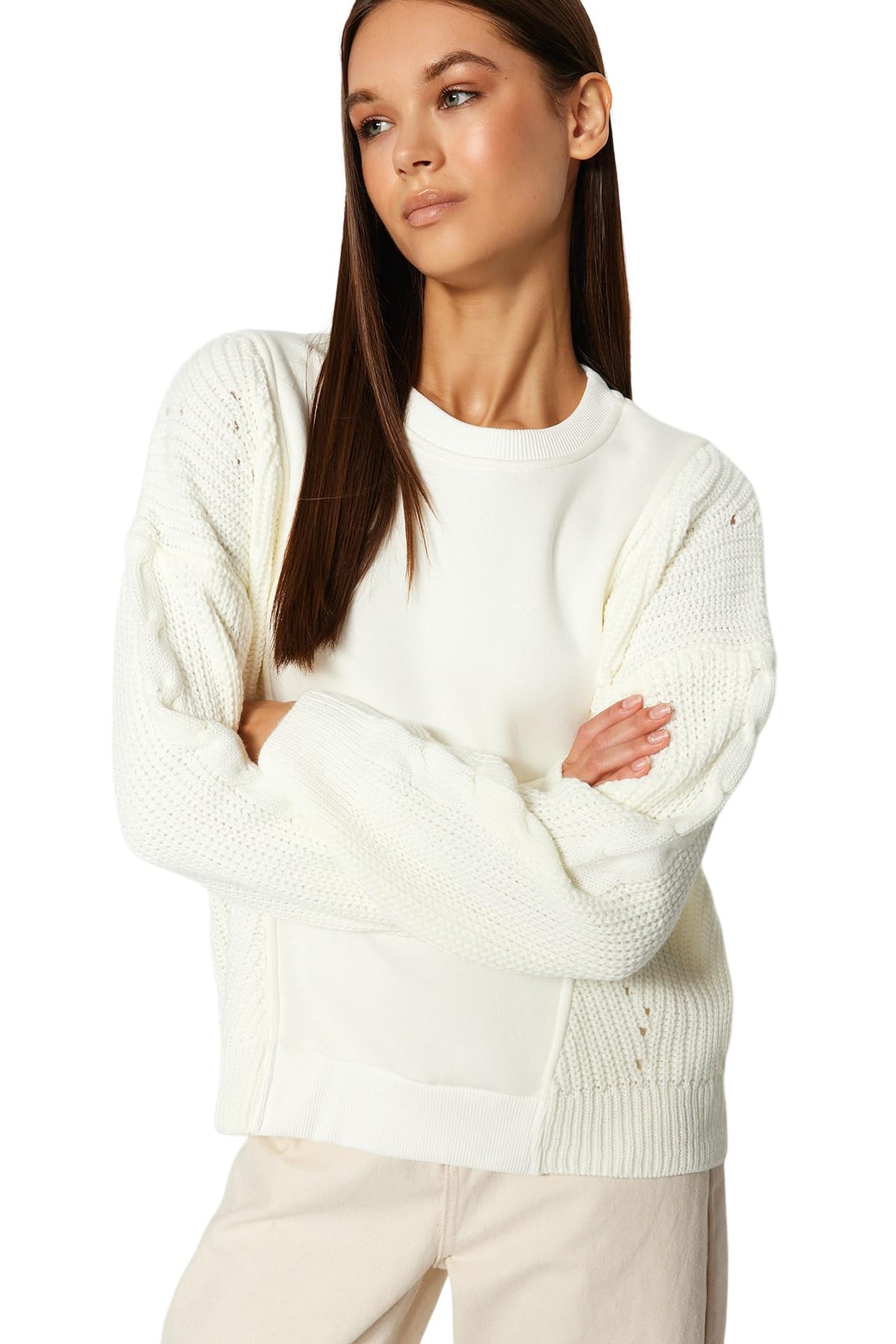 Trendyol FeMan Regular fit Basic Crew Neck Knitwear Sweater,Ecru,S