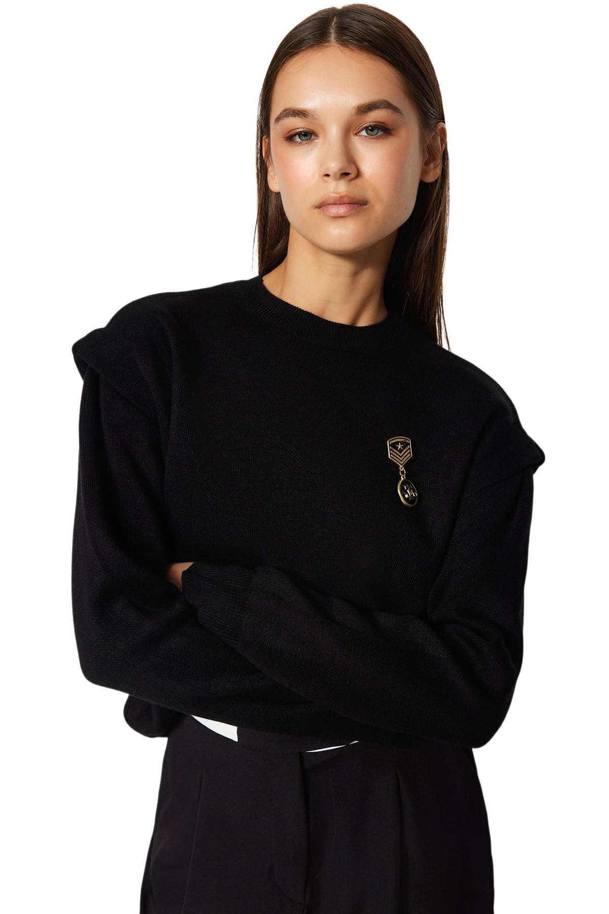 Trendyol FeMan Regular fit Basic Crew Neck Knitwear Sweater,Black,S