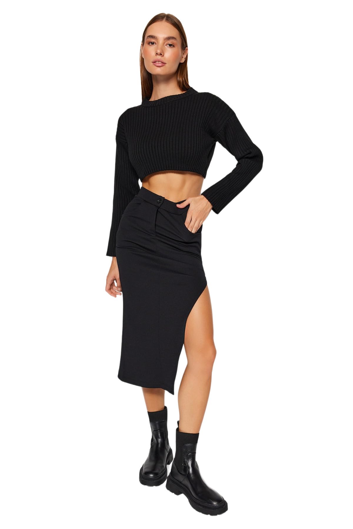 Trendyol FeMan Pencil Skirt Knit Skirt,Black,L