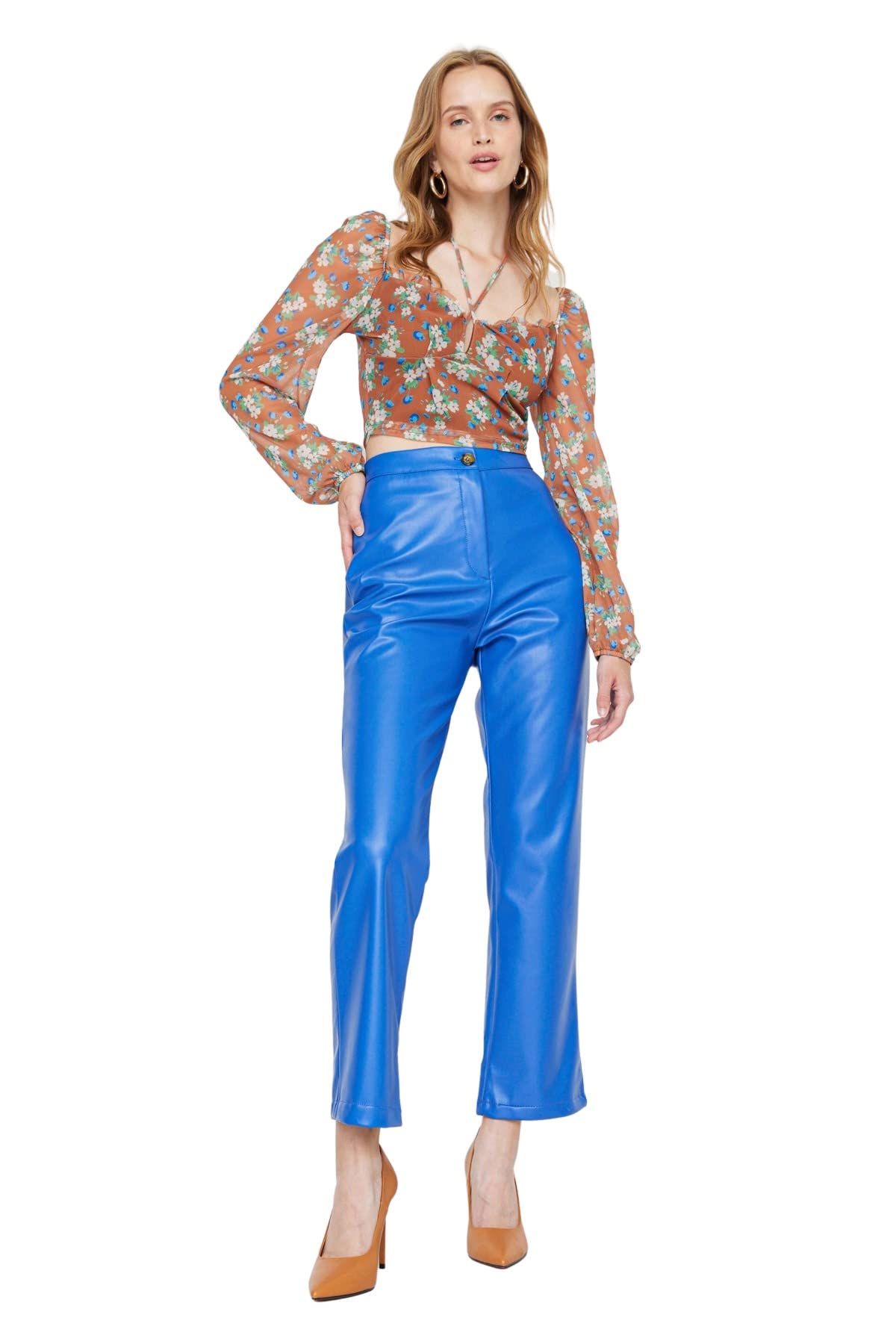 Trendyol Women High Waist Straight Leg Flare Trousers Blau