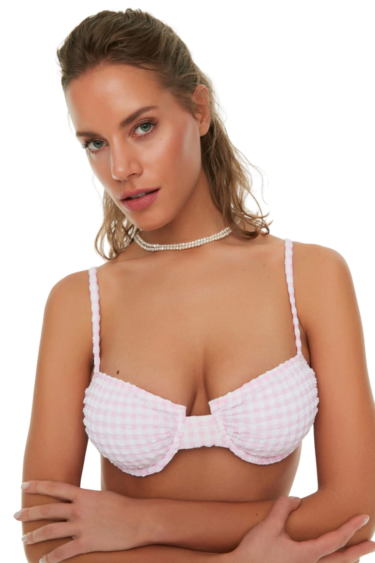 Trendyol Woman Regular fit Strapless Knit Bikini Top,Powder,38