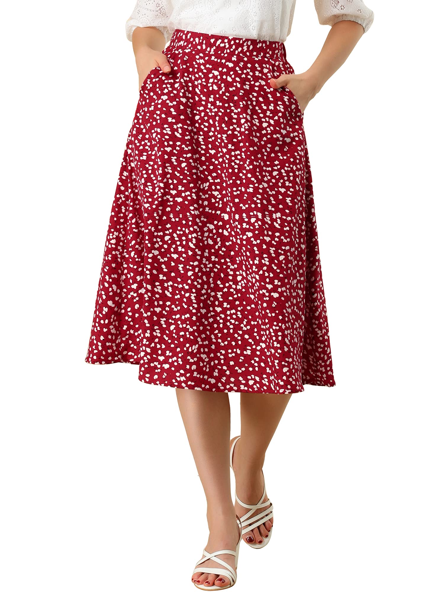 Allegra K Women's Floral Print A-Line Midi Skirt Chiffon Summer Vintage Skirts, Red, M