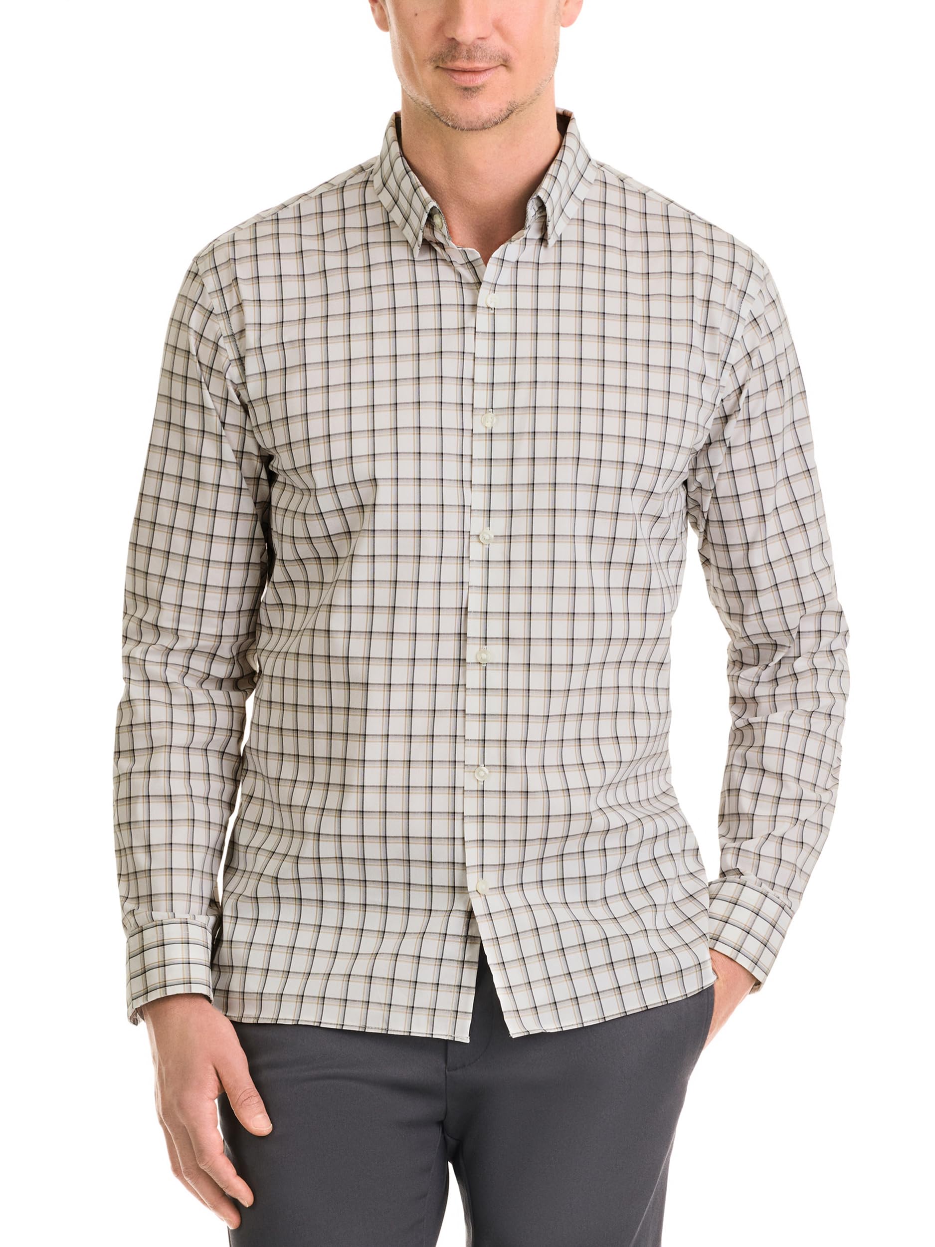 Van Heusen Men's Classic Fit Stain Shield Never Tuck Stretch Pattern Button Down Shirt, Chinchilla Plaid, XXL