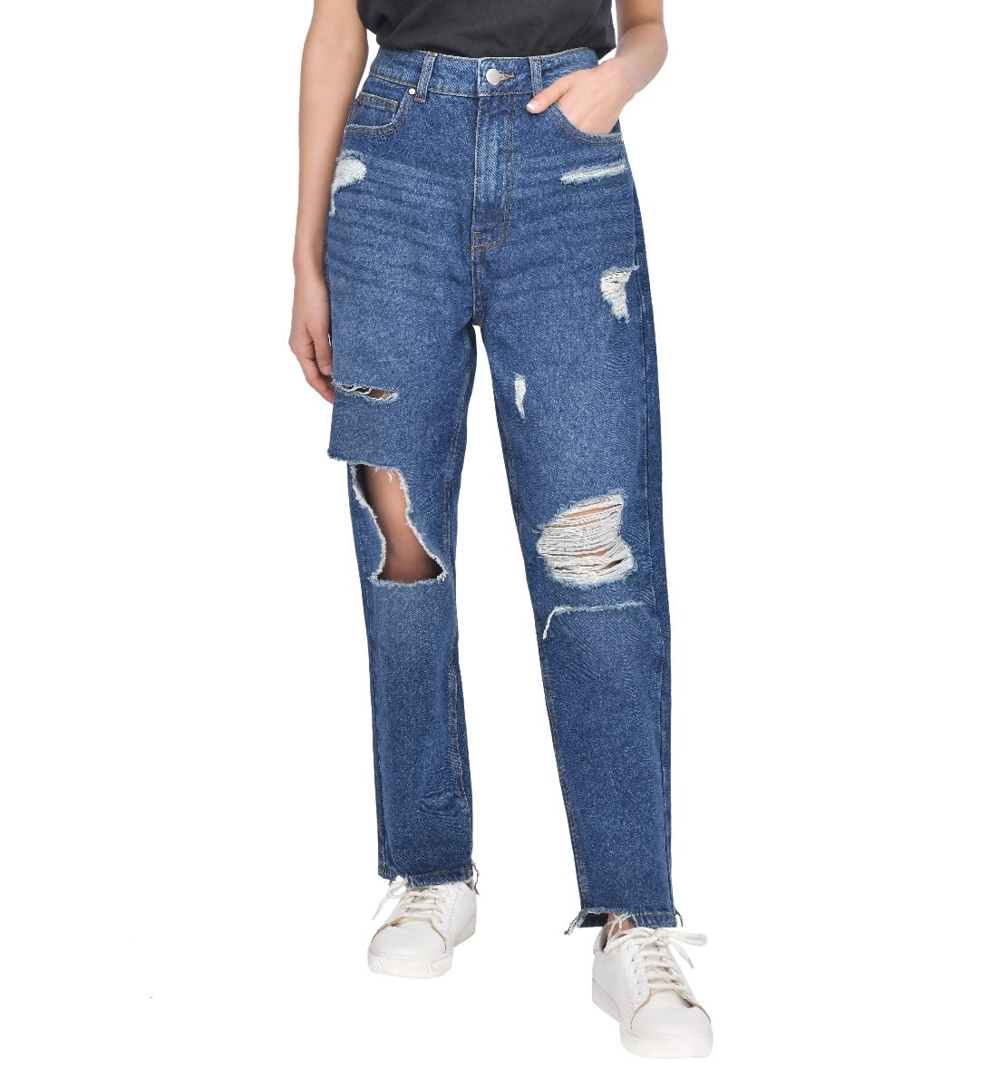 M17 Womens Ladies Denim Torn Hem Rip Mom Jeans High Waisted Classic Casual Cotton Trouser Pants with Pockets (14, Dark Wash Blue)