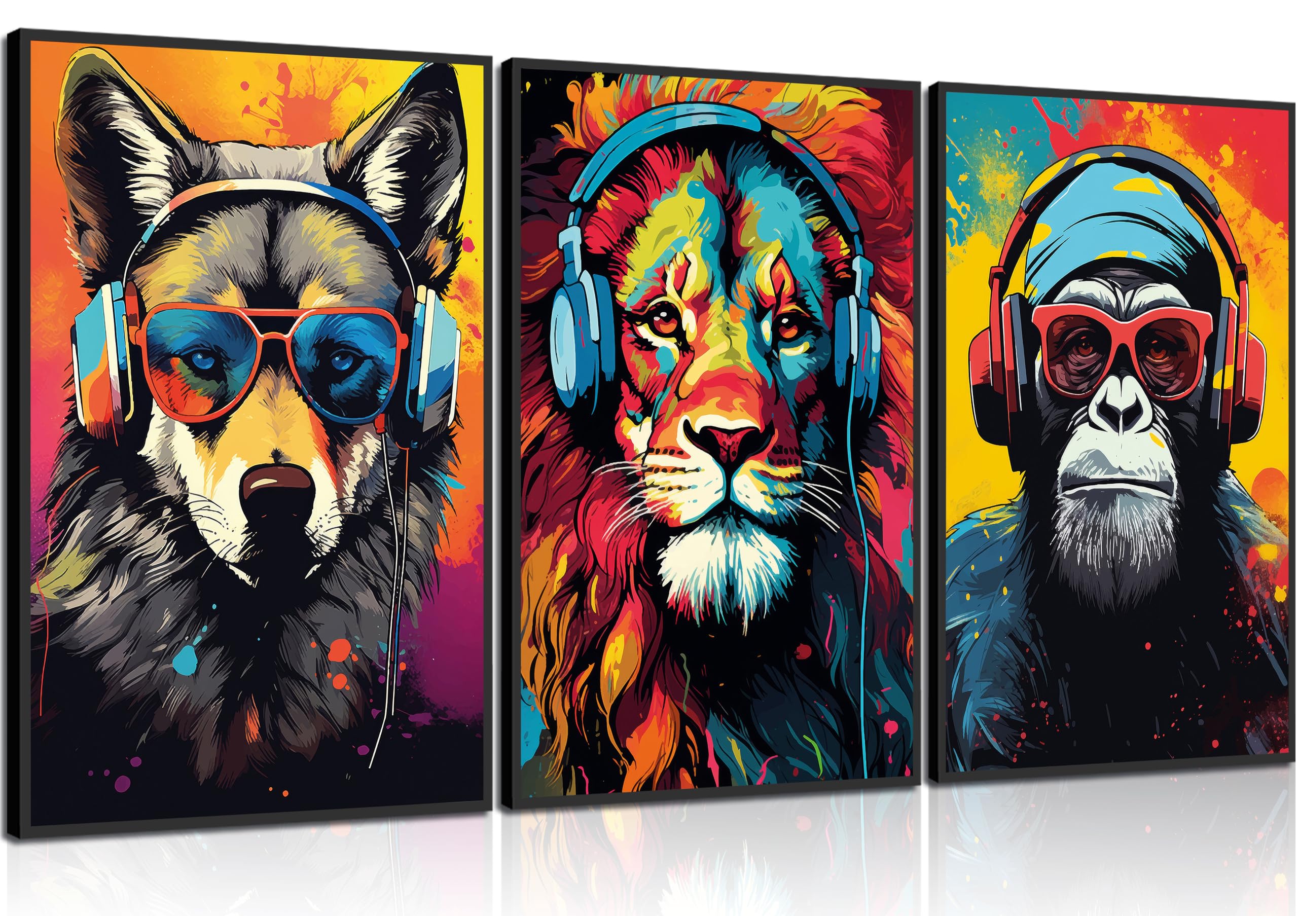 3pcs Gaming Wall Art Animal Graffiti Posters Pictures With Headphones Sunglasses Gorilla Tiger Wolf Cool Gamer Canvas Prints Colorful Graffiti Paintings for Teens Game Boys Room Wall Decor Unframed