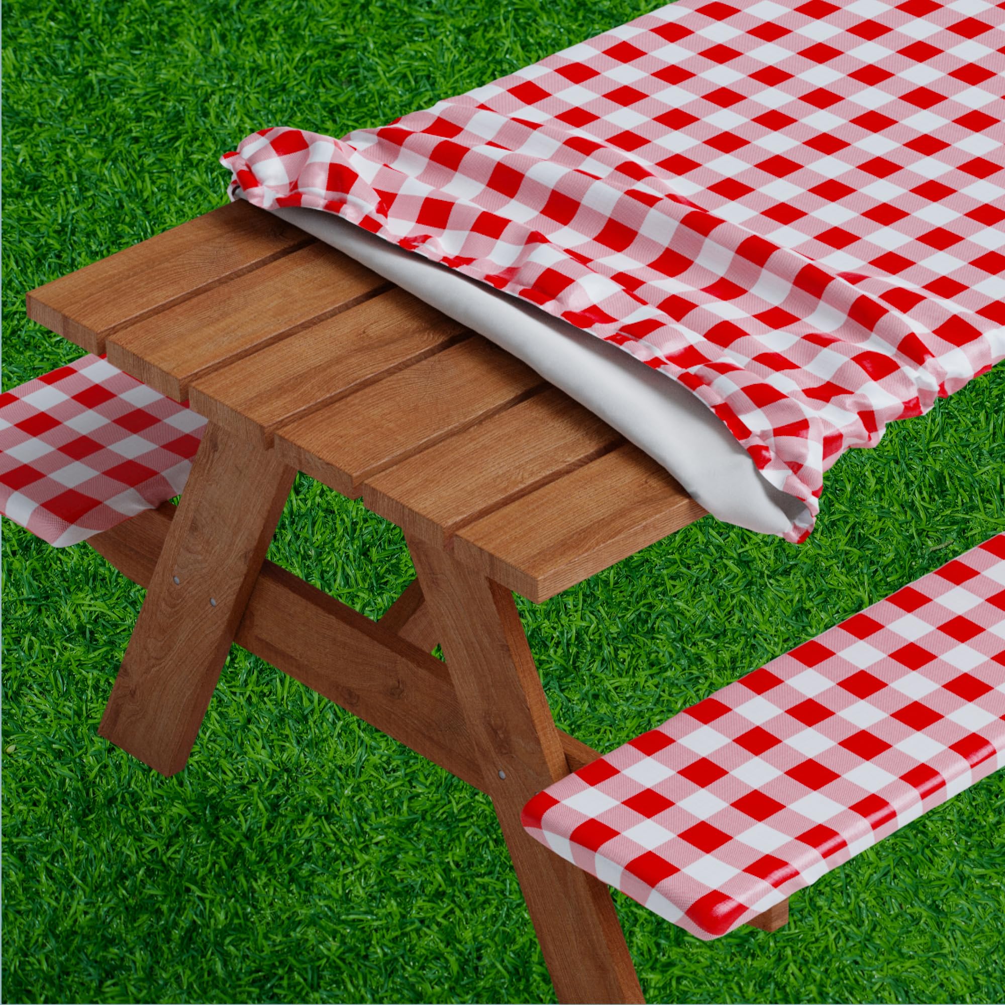 Sorefy Vinyl Picnic Table and Bench Fitted Tablecloth Cover, Checkered Design, Flannel Backed Lining, 28 x 72 Inch, 3-Piece Set, Red