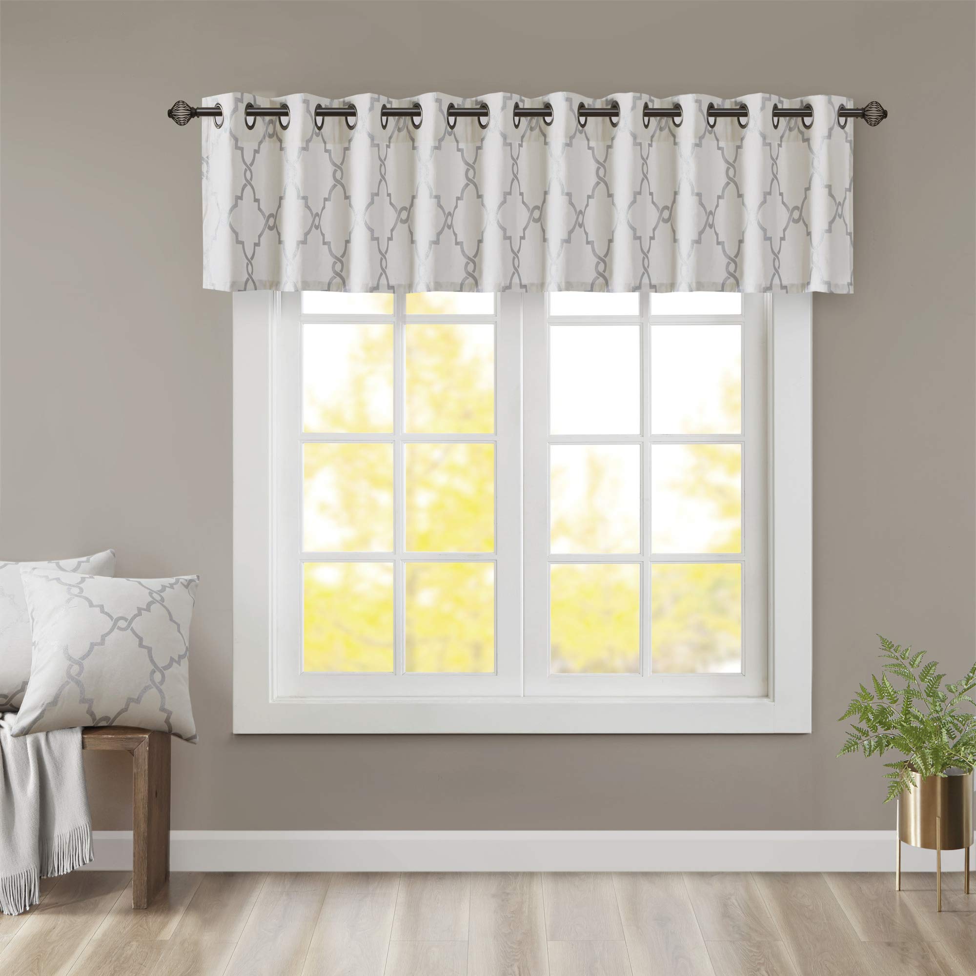 Madison Park Saratoga Window Curtain Light Filtering Fretwork Print 1 Panel Grommet Top Drapes/Valance for Living Room Bedroom and Dorm, 50x18, Ivory