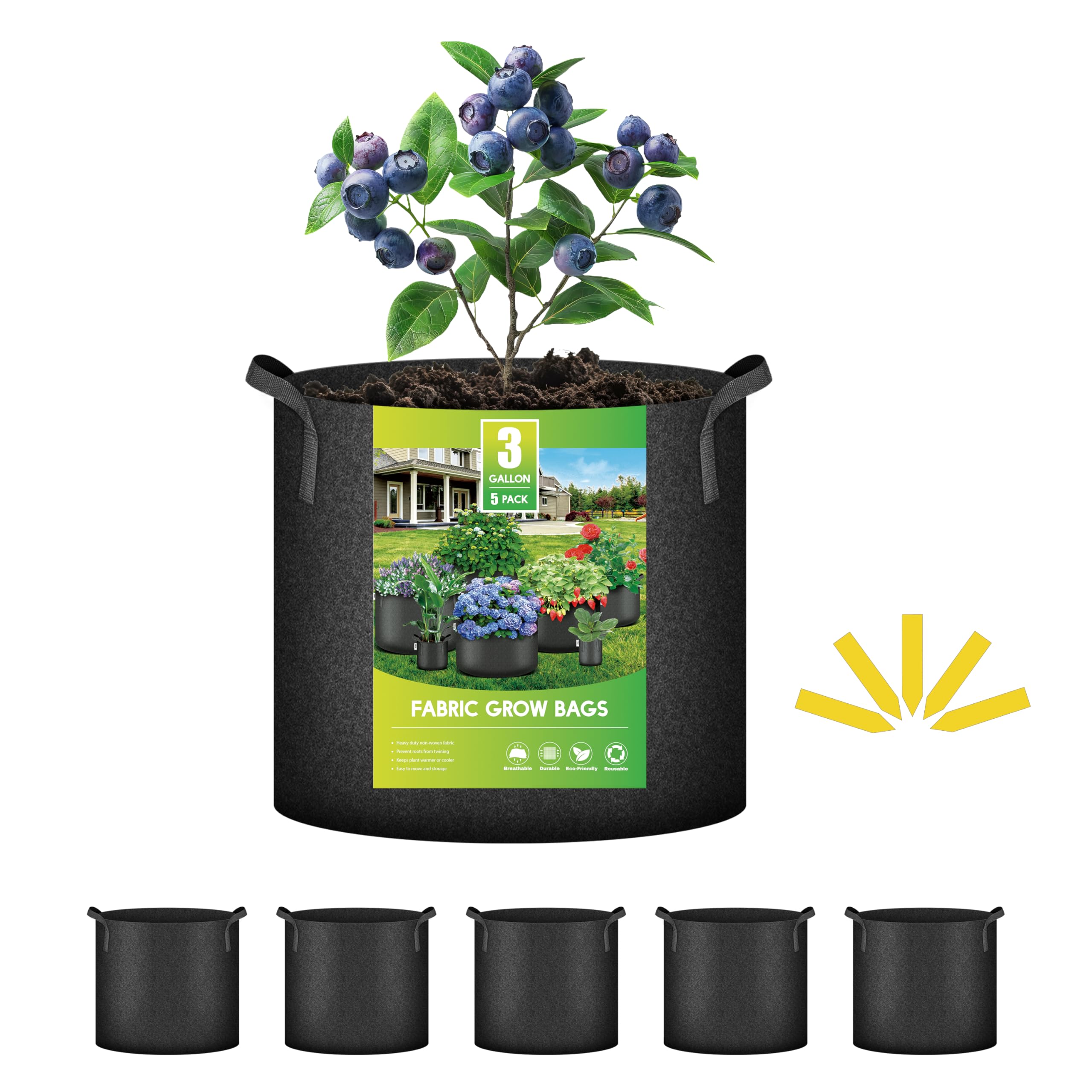iPower GLGROWBAG3X5 3 gallon 5 pack grow bags fabric aeration pots container with strap handles for nursery and plants, 3 gallon, black.