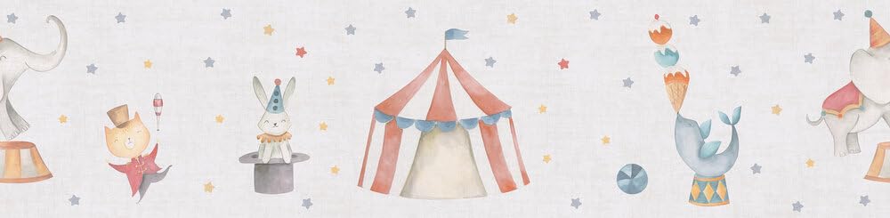 A.S. Création Children's Room Wallpaper Lilly & Luis Solid Non-Woven Wallpaper with Circus Design, 5,00 m x 0,13 m, Coloured, Made in Germany, 771491.