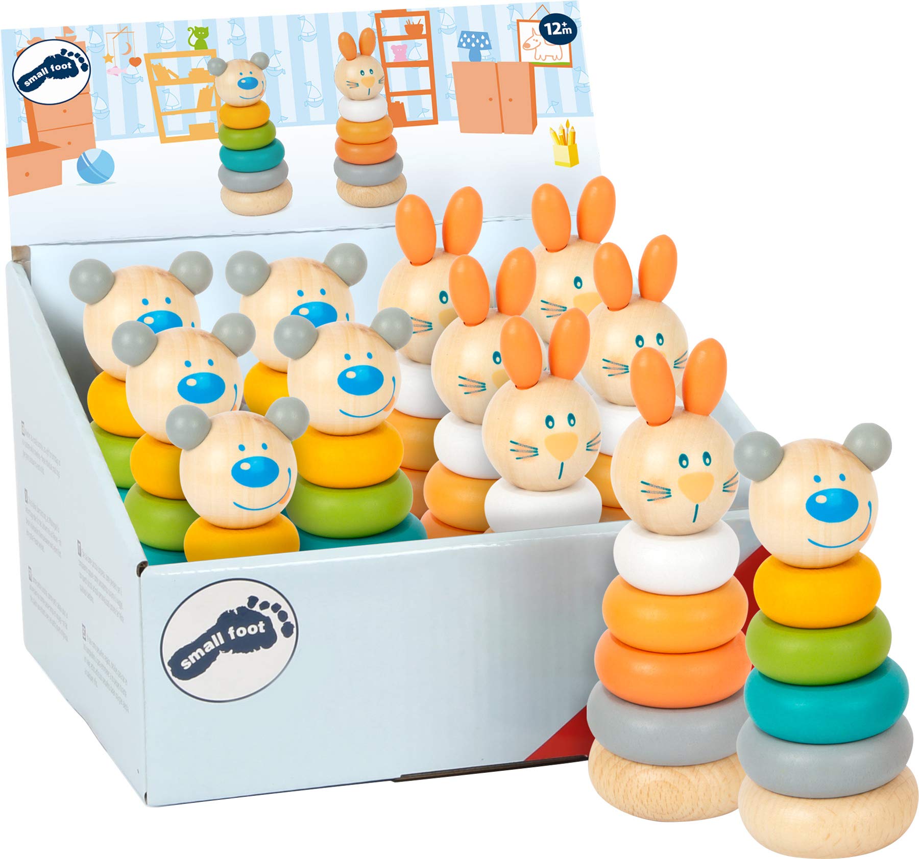 Small Foot 11714 Stacking Tower Display, set of 12, insert game in trendy pastel colours & animal motifs, ages 12+ mths.