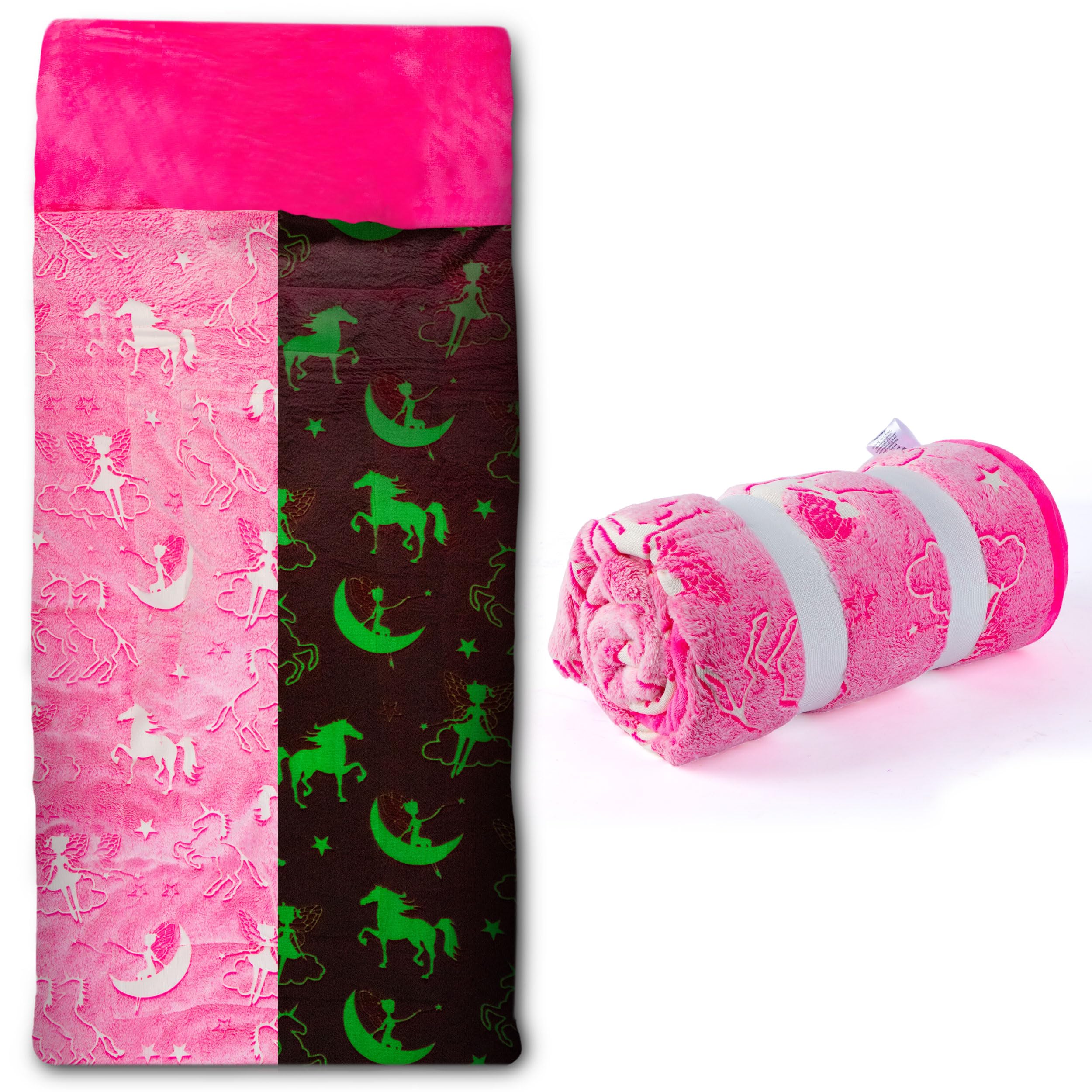 Kids Sleeping Bag with Pillow Pocket - Unicorn Glow In The Dark Boys and Girls Sleeping Bag for Kids - Large & Soft Toddler Sleeping Bag for Girls and Boys, Plush Toddler Nap Mat Gifts for Sleep Overs