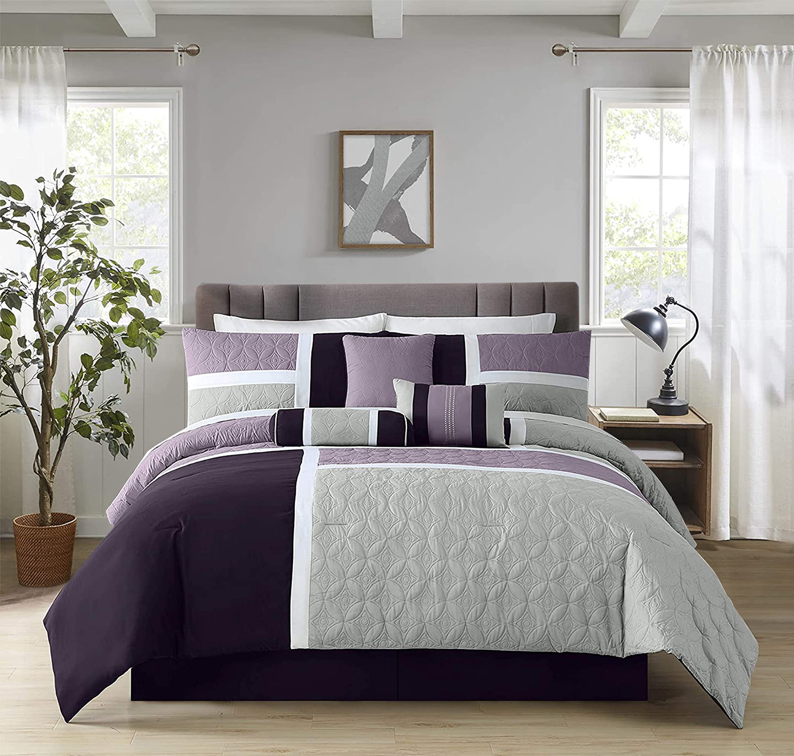 Chezmoi Collection Upland 7-Piece Quilted Patchwork Comforter Set, Lavender/Gray/Purple, Queen