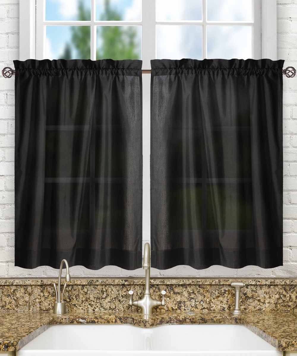 Ellis Curtain Stacey Sheer Tailored Tier Pair Curtains, 56" x 36", Black
