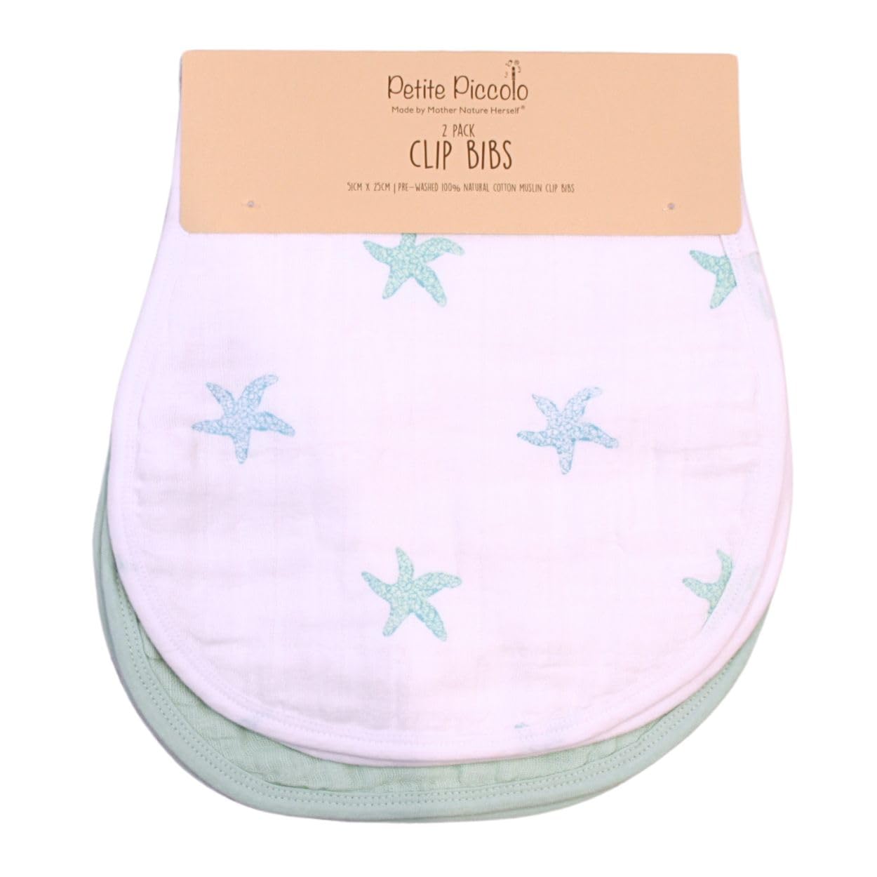 Petite Piccolo Clip Bibs, Baby Bibs, 2 Pack, Drool Bibs, 100% Cotton, for Baby, Soft and Absorbent, 51 x 25cm - Starfish Design