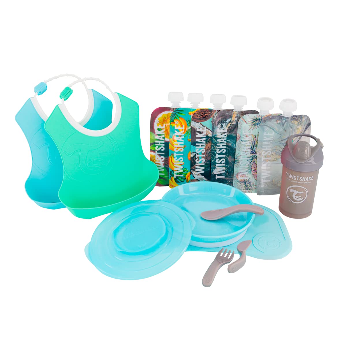 Twistshake Click-mat Mini Children's Crockery Set Bundle with 2 x Bibs, Drinking Bottle, 6 x Squeeze Bags, BPA-, Pastel Blue/Pastel Green